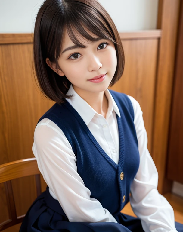 Best Quality, Face Focus, Soft light, 超A high resolution, (Photorealistic:1.4), Raw photo,
1日本人の女の子, Solo, Cute, (Shy smile:0.5), (Brown eyes, Light in the eyes), Detailed beautiful face, (Small chest),(High-resolution details of human skin texture),
(Short bob hair)
BREAK,
in class room,Navy Uniform, vests, Skirt