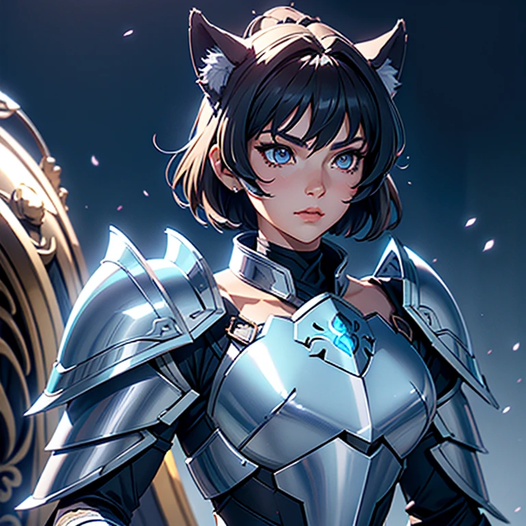 A woman wearing a wolf armor,, Saint Seiya,Wolf pale blue Armor, wolf helmet, Dark hair, short hair, , Charismatic character, Avatar de seconde vie, Nice screenshot, Femme seduisante vue complète du corps, High quality, very detailed skin