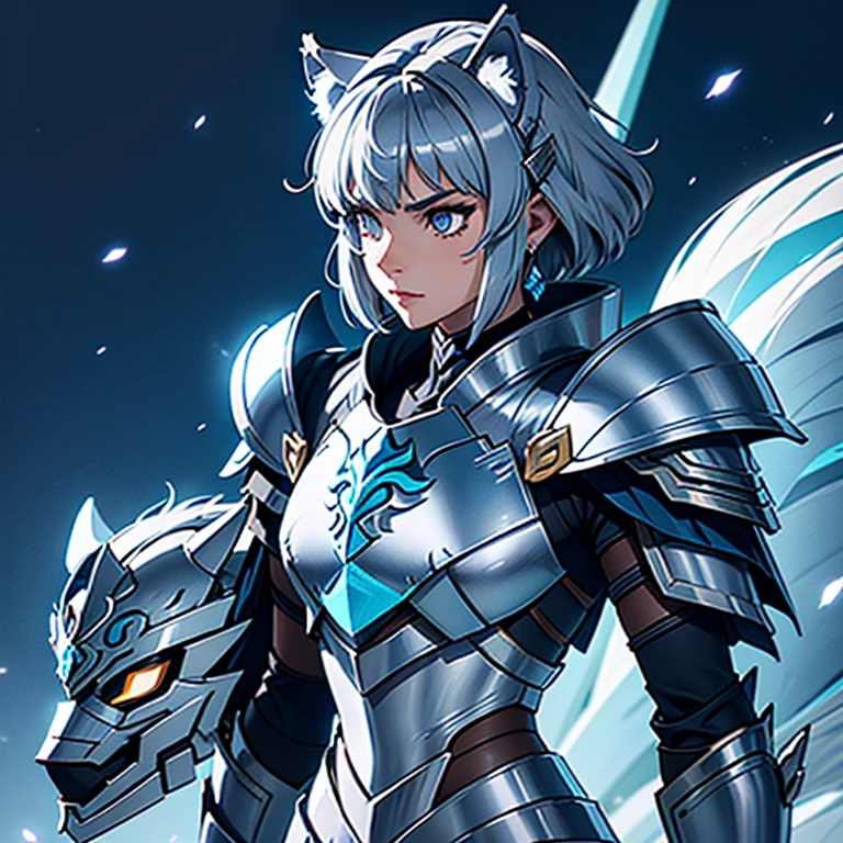 A woman wearing a wolf armor,, Saint Seiya,Wolf pale blue Armor, wolf helmet, Dark hair, short hair, , Charismatic character, Avatar de seconde vie, Nice screenshot, Femme seduisante vue complète du corps, High quality, very detailed skin