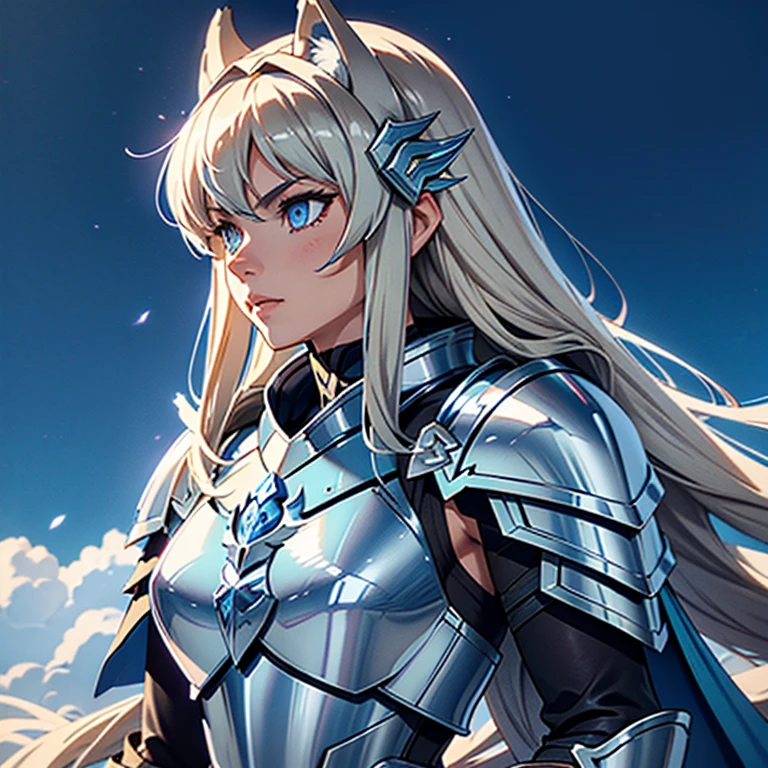 A woman wearing a wolf armor,, Saint Seiya,Wolf pale blue Armor, wolf helmet, Dark hair, Long blond hair, , Charismatic character, Avatar de seconde vie, Nice screenshot, Femme seduisante vue complète du corps, High quality, very detailed skin
