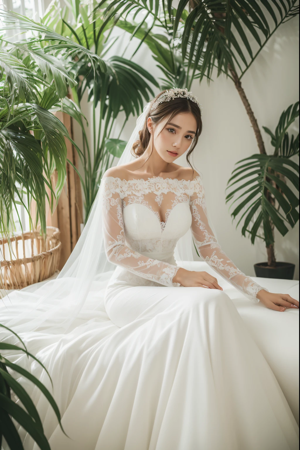 Best quality, 8k, 32k, Masterpiece, Masterpiece, (Photorealistic: 1.4), RAW photo, ultra realistic, 1girl, full body, wearing a white mermaid wedding dress, long-sleeve, floor-length style, lace fabric, Take product photos in white room with indoor decorative palm tree, look straight