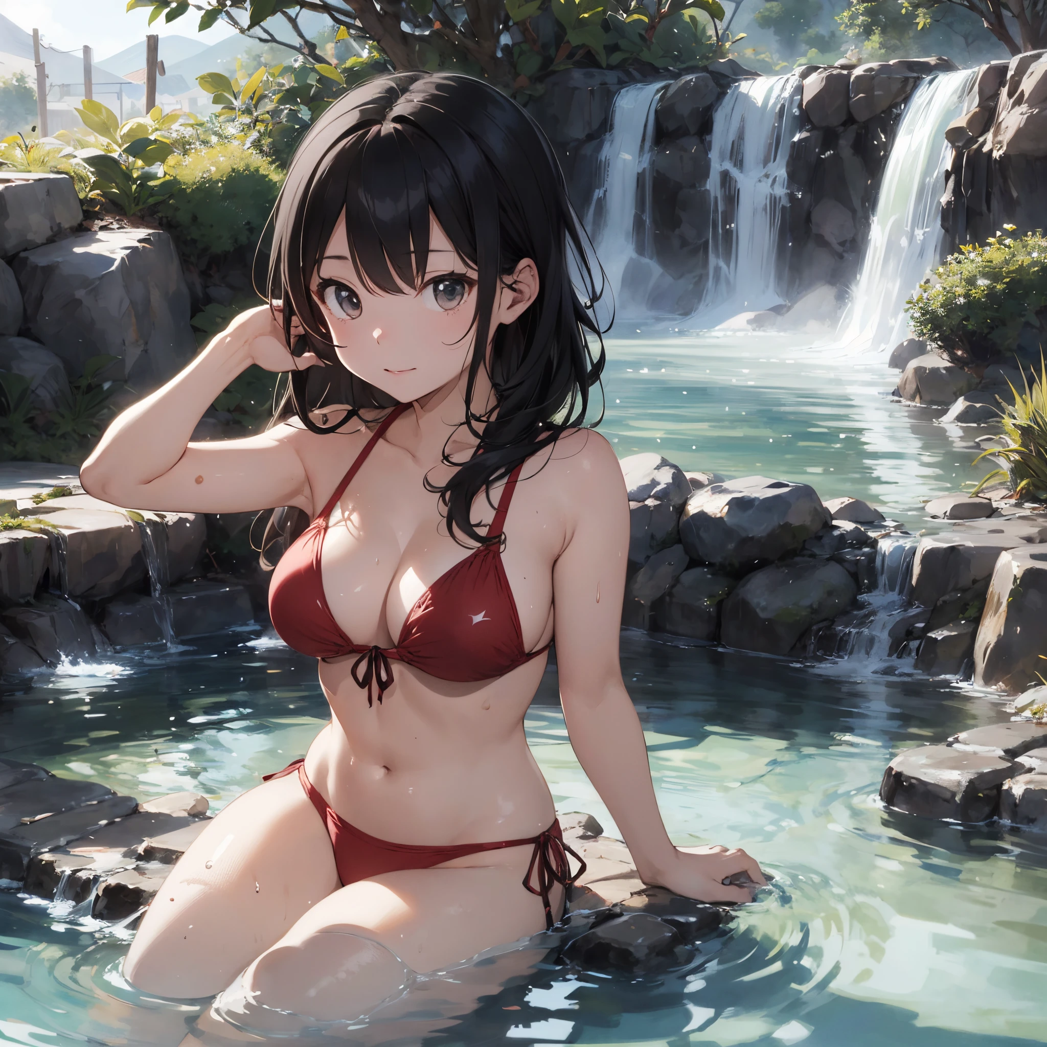Realistic background blur that looks like it was taken with a high-performance camera.、Please provide high quality illustrations.......。A beautiful girl soaking in a hot spring with a relaxed expression.、The steam rising from the bathtub is beautifully depicted........。Attention to detail in hair and skin、Enjoy the natural texture。To convey the atmosphere of a hot spring area、Please draw the surrounding scenery and hot spring facilities........。Highlight that the beautiful girl is wearing a red bikini。。、Please draw an illustration that takes advantage of her charm........。"