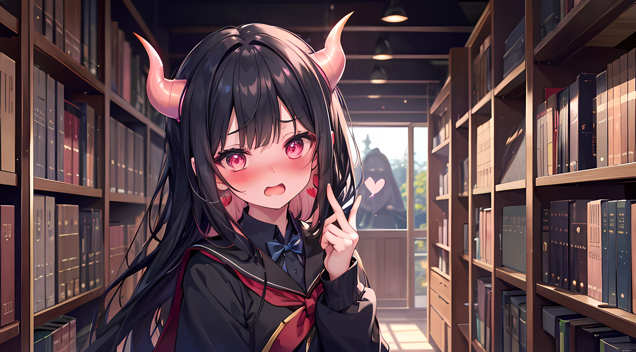 (1 demon girl), front lighting, demon horns, hogwarts uniform, mystic staff behind her back, detailed face, walking in the middle of library on daytime, black hair,(blushing: 1.5), open mouth, licking finger, heart eyes, front lighting, 8k, masterpiece, ultra HD,