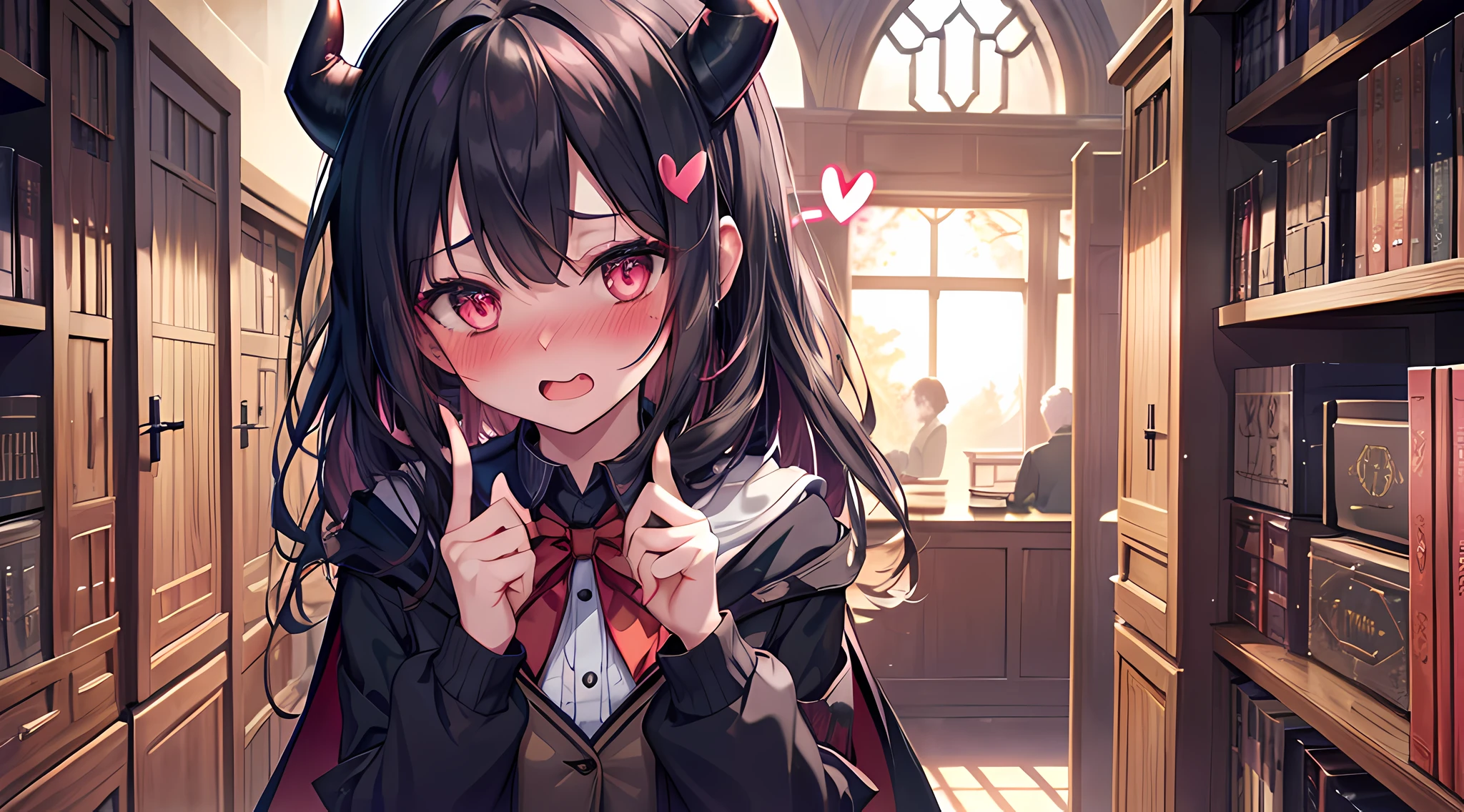 (1 demon girl), front lighting, demon horns, hogwarts uniform, mystic staff behind her back, detailed face, walking in the middle of library on daytime, black hair,(blushing: 1.5), open mouth, licking finger, heart eyes, front lighting, 8k, masterpiece, ultra HD,