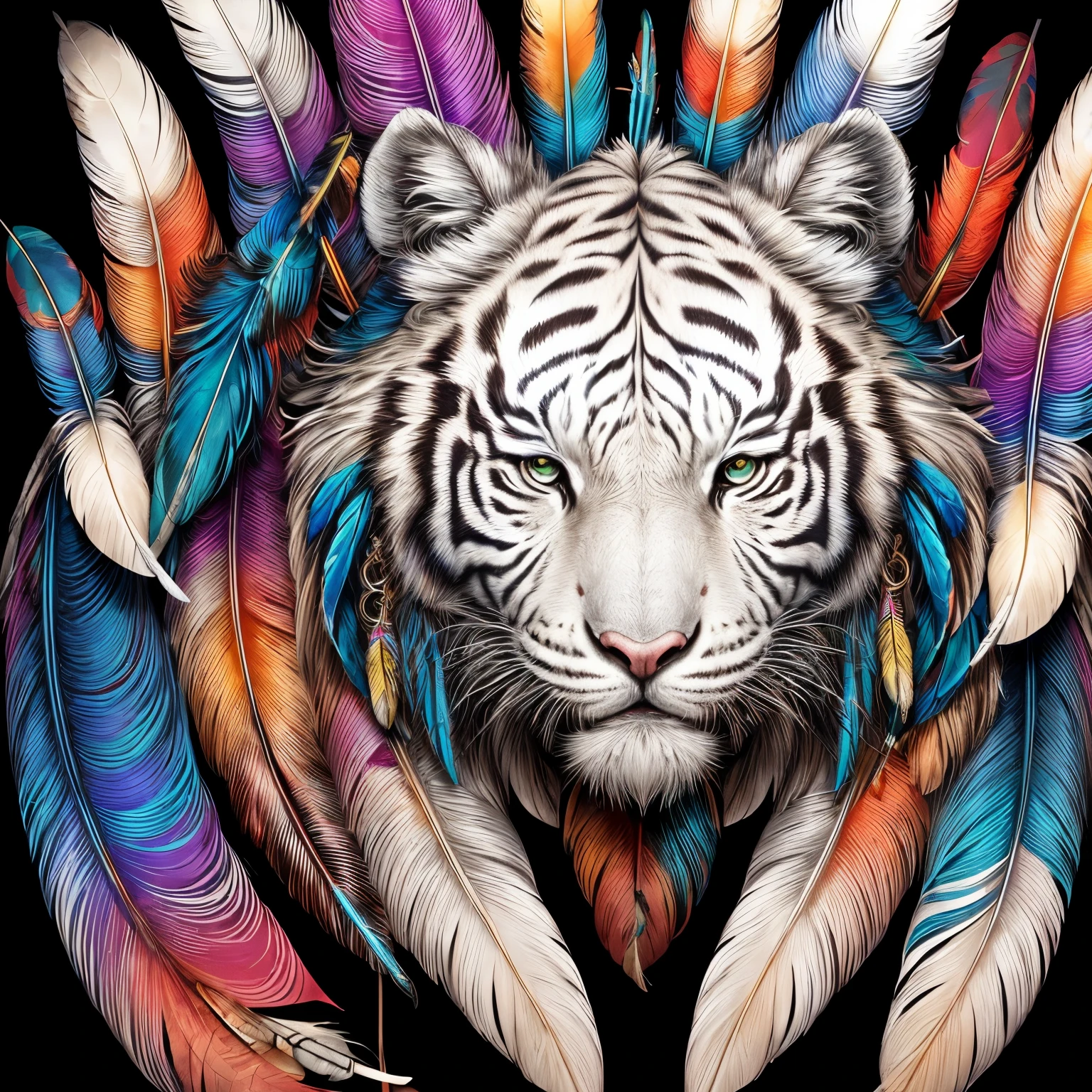 (tmasterpiece,top Quority,best qualtiy,offcial art,Beauty and aesthetics:1.2),(1 white tiger:1.3),The is very detailed,(s fractal art:1.1),(a color:1.1)(blossoms:1.3),Most detailed,( zentangle:1.2),(abstract background:1.3), (many colors:1.4),(earrings), (feathers:1.5),