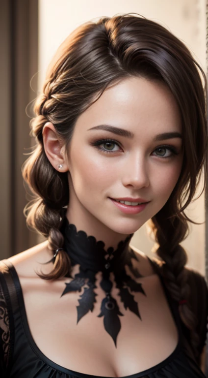 Quality (photo realistic style, UHD, 16k, Textured skin, hight resolution), Portrait of a beautiful white woman, The perfect female face, dark colored hair, Braid, wicked smile, topic