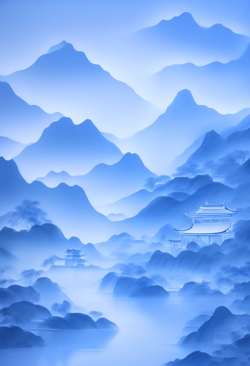 mountains,lakes,Chinese courtyard,in the style of light art, traditional chinese, wall sculpture and installation, opacity and translucency, contoured shading, soft lighting, light indigo and sky blue