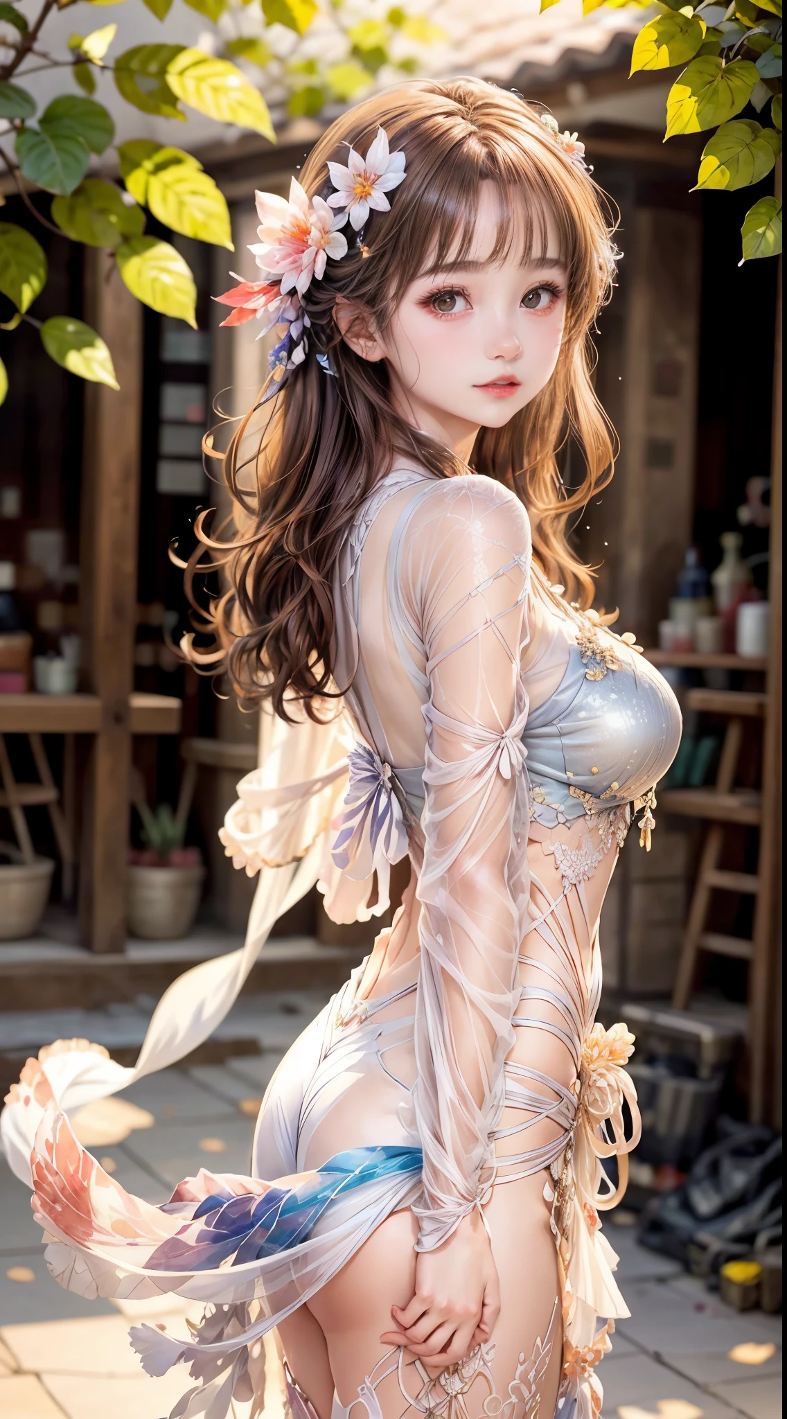Beautiful girl story wrapped in love, Beautiful eye details, A captivating anime girl gracefully emerges from the pages of a watercolor painting, Her vivid and complex colors are, Bring your artwork to life, (see-through transparent clothes, Transparent costume:1.5), She dons an extraordinary fantasy costume adorned with delicate details, reflecting the enchanting world she inhabits, Luminescent elements, like glowing crystals and ethereal wisps, surround her, casting a soft, otherworldly glow, The style of watercolor painting is、Imbues the image with a sense of fluidity and delicacy, as if the colors are effortlessly blending and bleeding into one another, Camera shot: medium shot, Soft Focus, luminescent glow Lighting, watercolor brushstrokes, Sophisticated and very delicate anime illustration, unique colors, Portrait of an anime girl, infinite love, Irridescent color, beautiful girl illuminated by seven colors of light,