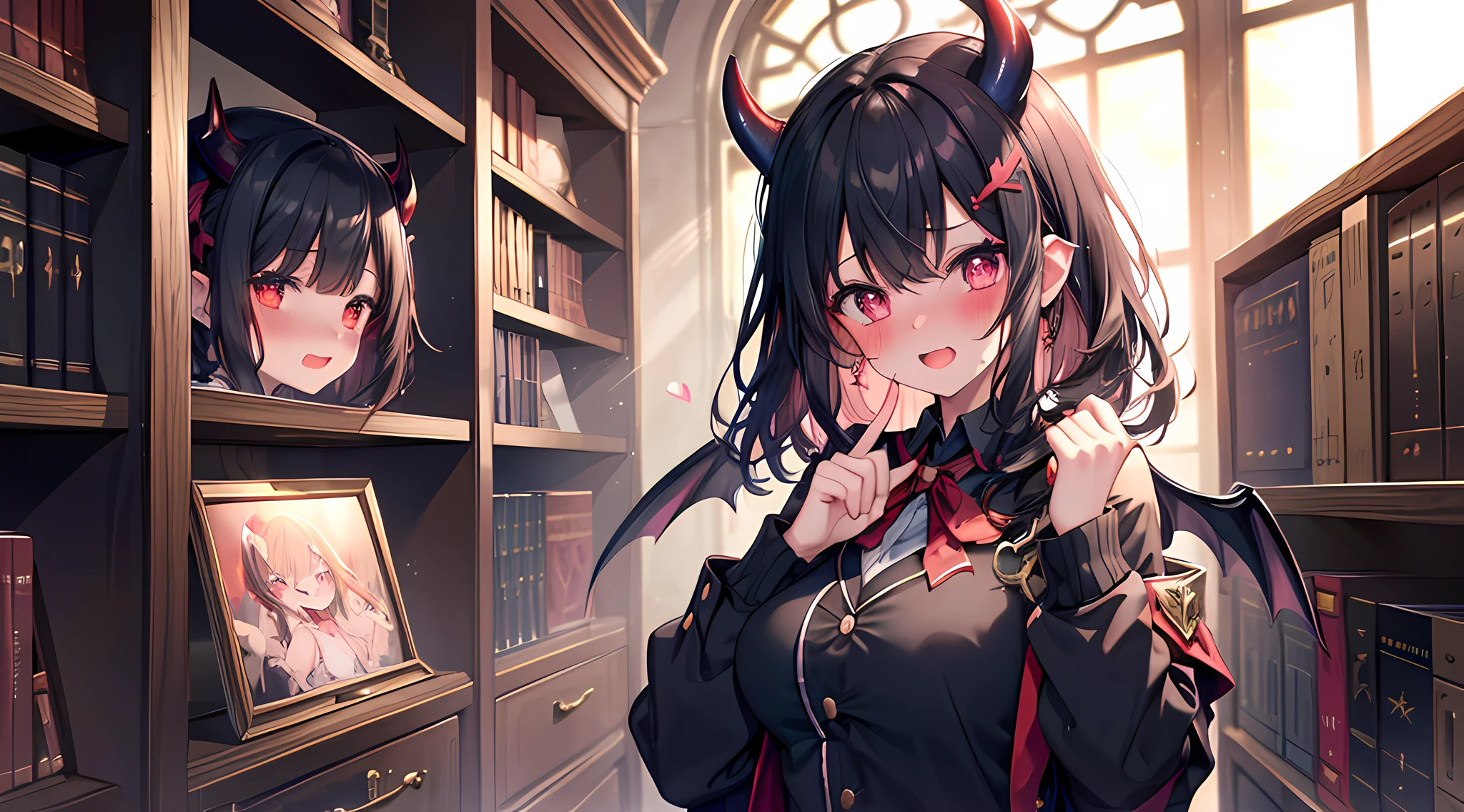 (1 demon girl), front lighting, demon horns, hogwarts uniform, big breast, detailed face, walking in the middle of library on daytime, black hair,(blushing: 1.5), open mouth, licking finger, heart eyes, front lighting, 8k, masterpiece, ultra HD,