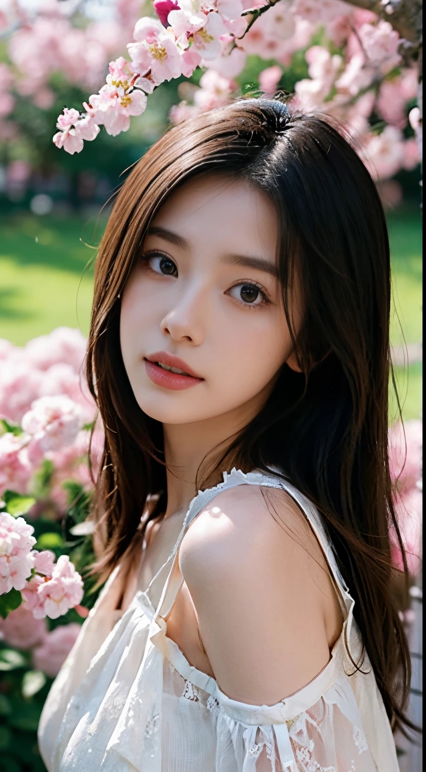best quality,masterpiece,1girl, solo, (torn clothes:1.3), upper body, lying on field, blush,,surrounding by flowers,falling_petals, outdoors, petals,,floating_hair,white ballet dress