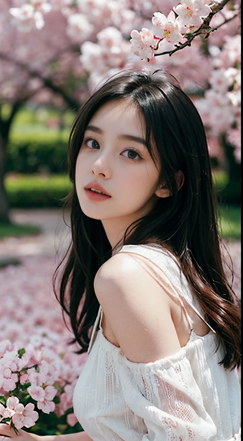 Best Quality, 4K,8K,Realistic, Photorealistic, ighly detailed, extremely delicate and beautiful, Raw photo, Japan and the beauty of Korea,Korean beauty,Wear JK, a miniskirt,Large breasts,(Beautiful detailed eyes,Beautiful detailed lips,extremely detailed eye and face,long eyelasher), Beautiful hair, joyful look, Surrounded by cherry blossom trees, It has a cute anime style, In a picturesque garden bathed in sunshine. Artwork is of the highest quality, Ultra-detailed features and realism, realistic touch. Colorful,Lighting creates a warm atmosphere, dreamy ambiance.