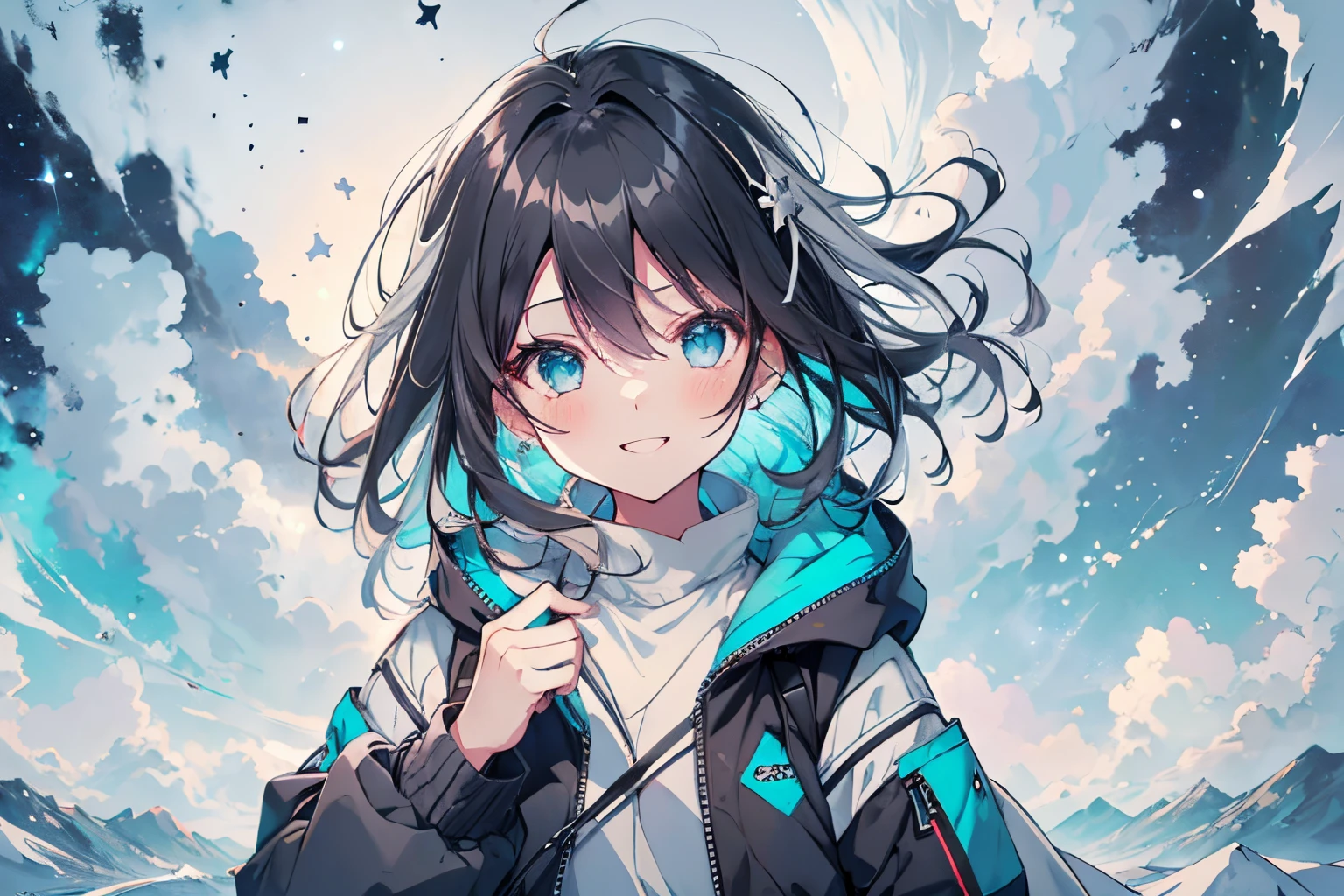 【Highest Quality, masutepiece】,Manteau, expressioness, front facing,1 girl in, Turquoise eyes, jet-black hair, Jacket (Gray white background:1.4), (night sky background:1.3),smile,