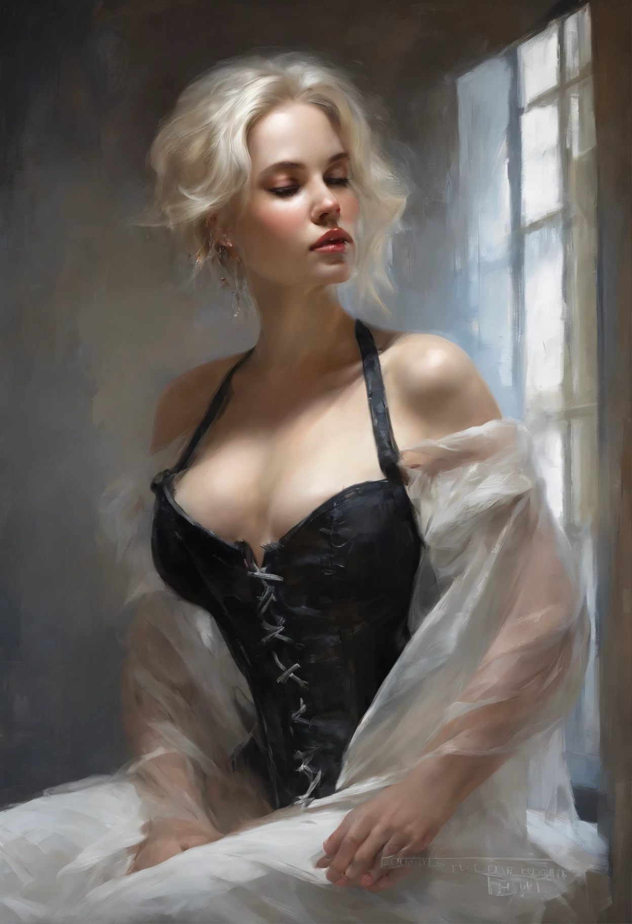 Black corset,束缚、(in a prison cell)、full body Esbian、((top-quality、8K、masterpiece:1.3))、Crisp focus:1.2、Beautiful woman with perfect body shape:1.4、Slender Abs:1.2、((layers-Cut、Colossal tits:1.2))、(Sateen、Street:1.2)、a wet body:1.5、Highly detailed facial and skin texture、A detailed eye、Bery short hair,BD ticker again,Slave,rubber、a blond、Provocative poses and facial expressions
