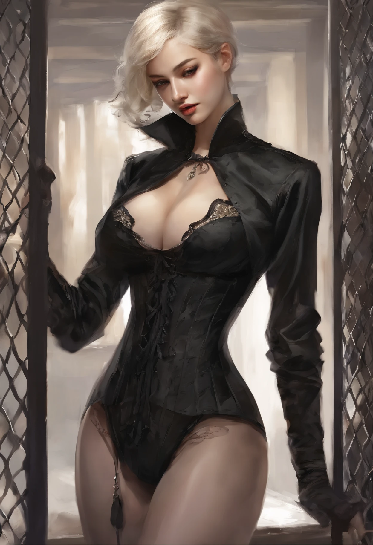 Black corset,束缚、(in a prison cell)、full body Esbian、((top-quality、8K、​masterpiece:1.3))、Crisp focus:1.2、Beautiful woman with perfect body shape:1.4、Slender Abs:1.2、((layers-Cut、Colossal tits:1.2))、(Sateen、Street:1.2)、a wet body:1.5、Highly detailed facial and skin texture、A detailed eye、Bery short hair,BDSM,Slave,rubber、a blond、SM