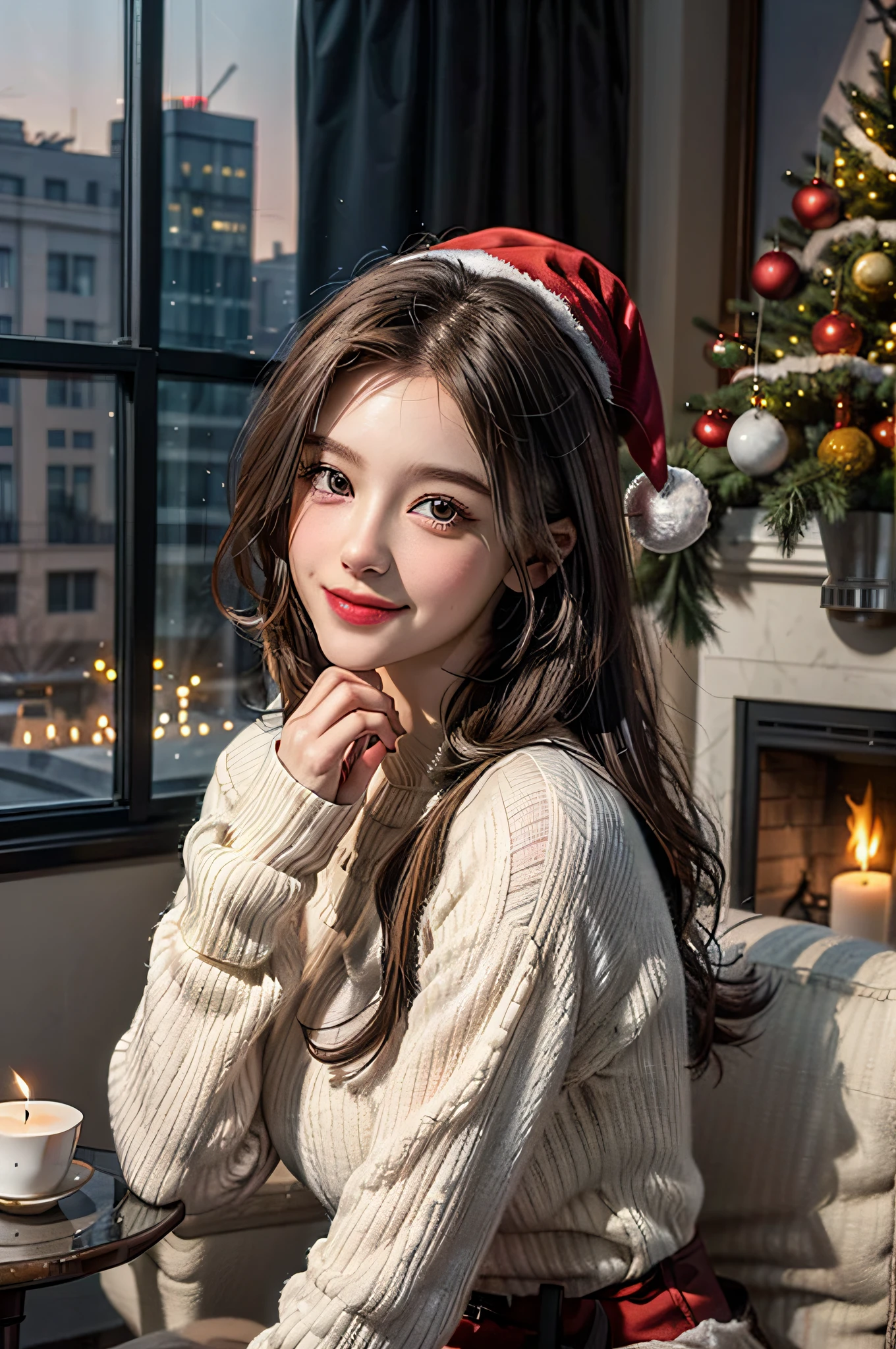 (1girl:1.3), (Extremely cute, Amazing face and eyes), happy smile, solo, realistic, santa hat, christmas, long hair, fire, long sleeves, red sweater, smile, christmas tree, scenery, fireplace, window, couch, table, indoors, cityscape, christmas lights, christmas ornaments, building, night, chair, city, carpet, lamp, rug, city lights, snowing, stuffed toy, curtains, candle, gift box, stuffed animal, snow, cup, pillow, instrument, skyscraper, sky, teddy bear, cushion, (Best Quality:1.4), photo realistic, raw photos, professional photograpy, focus on girls face,