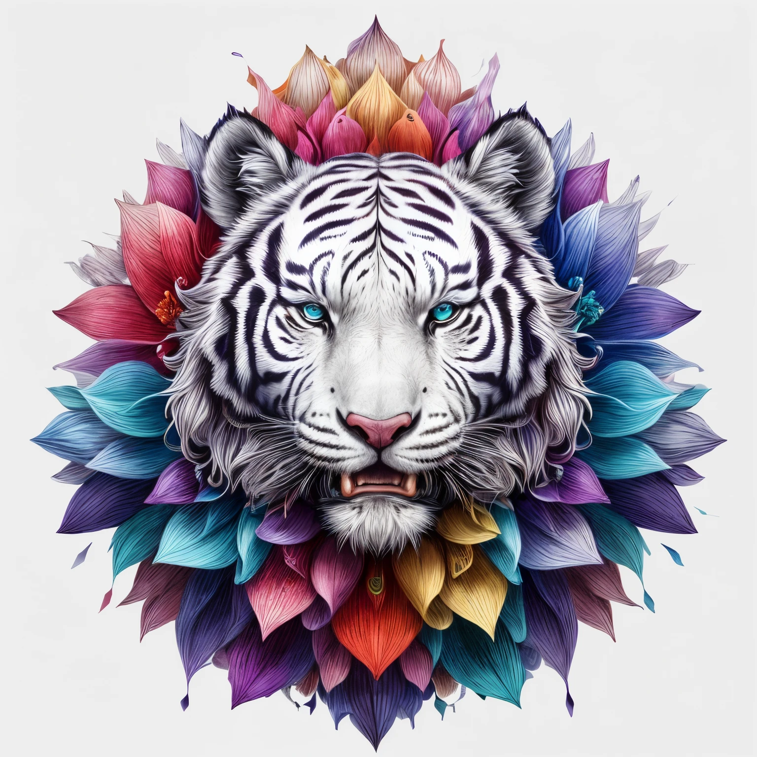 （tmasterpiece，top-quality，Best quality at best，offcial art，Beauty and aesthetics：1.2）,（1 white tiger：1.3），The content is very detailed，(abstract backgrounds:1.3), （s fractal art：1.1），（One color：1.1）（blooming flower：1.3），Most detailed，（ tangled:1.2),(Lots of colors:1.4),