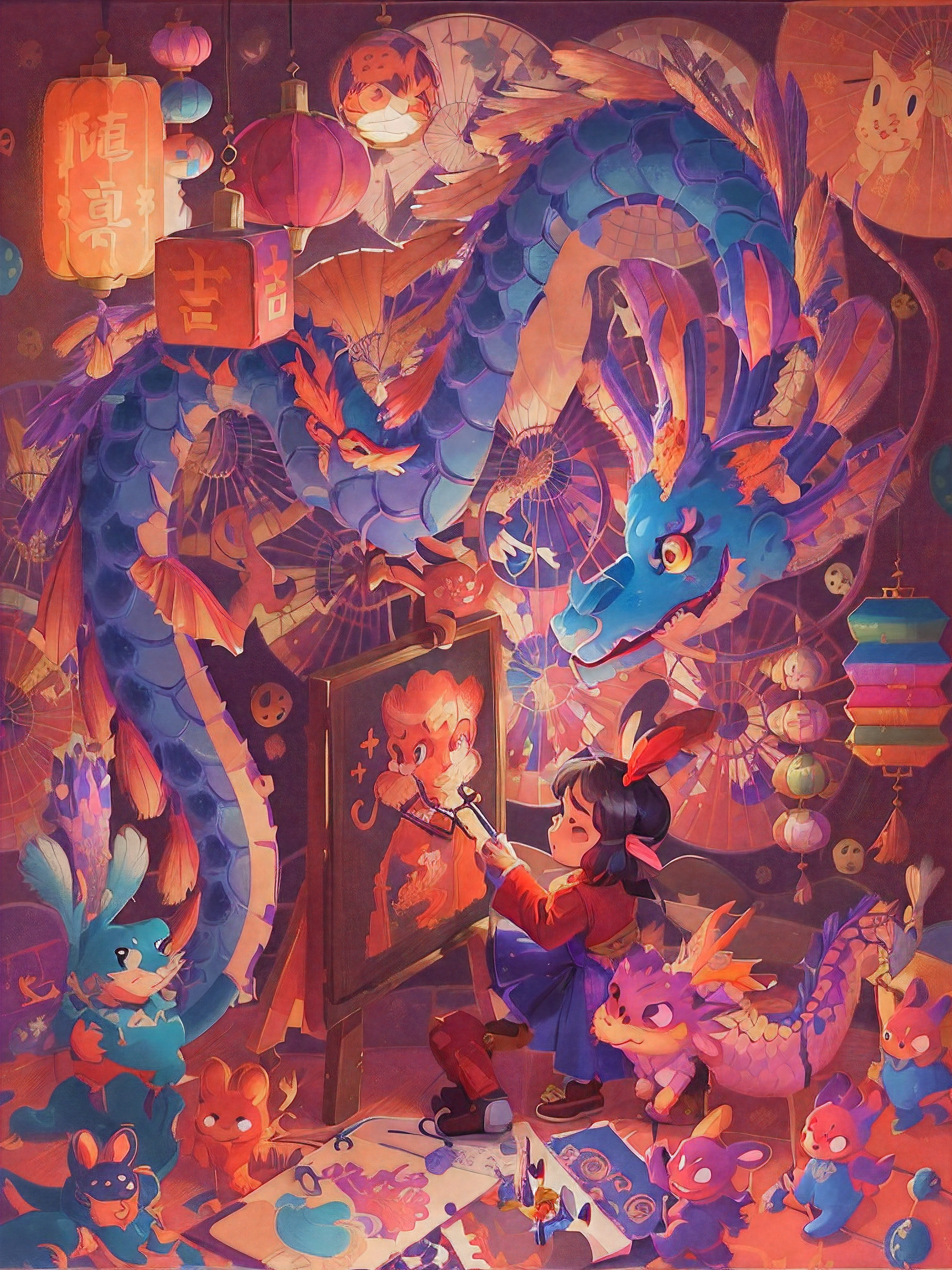 Illustration of a woman painting a dragon with a fan and other decorations, by Ryan Ye, A beautiful artistic illustration, Colorful illustration, Deng Sachin, jc leyendecker and deng shaqin, by Helen Huang, by Zayn Chin, author:tooth wu, Ni Duan, author:Hero, Similar to Deng Sachin style, Digestive Dragon