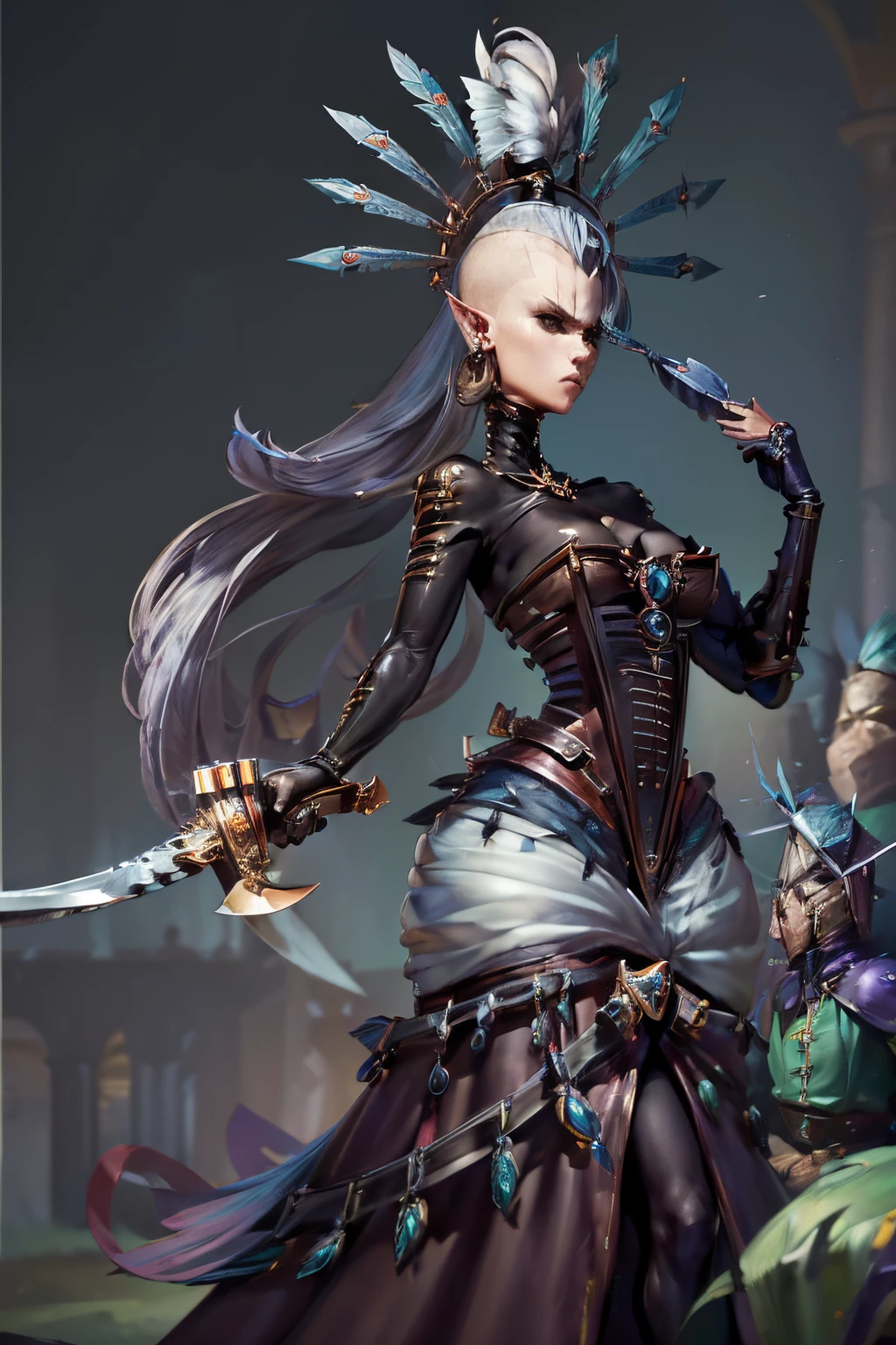 (Masterpiece), professionnel , photo realist , profondeur de champ ,Gorgeous metal weapon , sword , Double maniement, fan, Yvraine,  oreilles pointues, ((Top node, ornement de cheveux de plumes:1.5)),