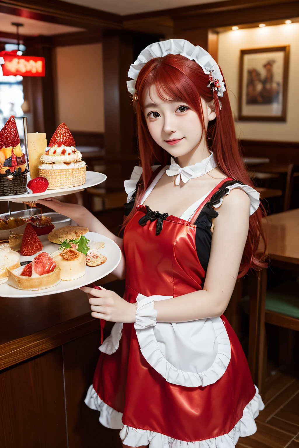promo photo, The location is a seaside buffet restaurant,1 girl, 16 year old face, Waitress, Red head and two tails, gentle face, Gothic Lolita half costume and strawberry maid outfit, Clothes based on white,