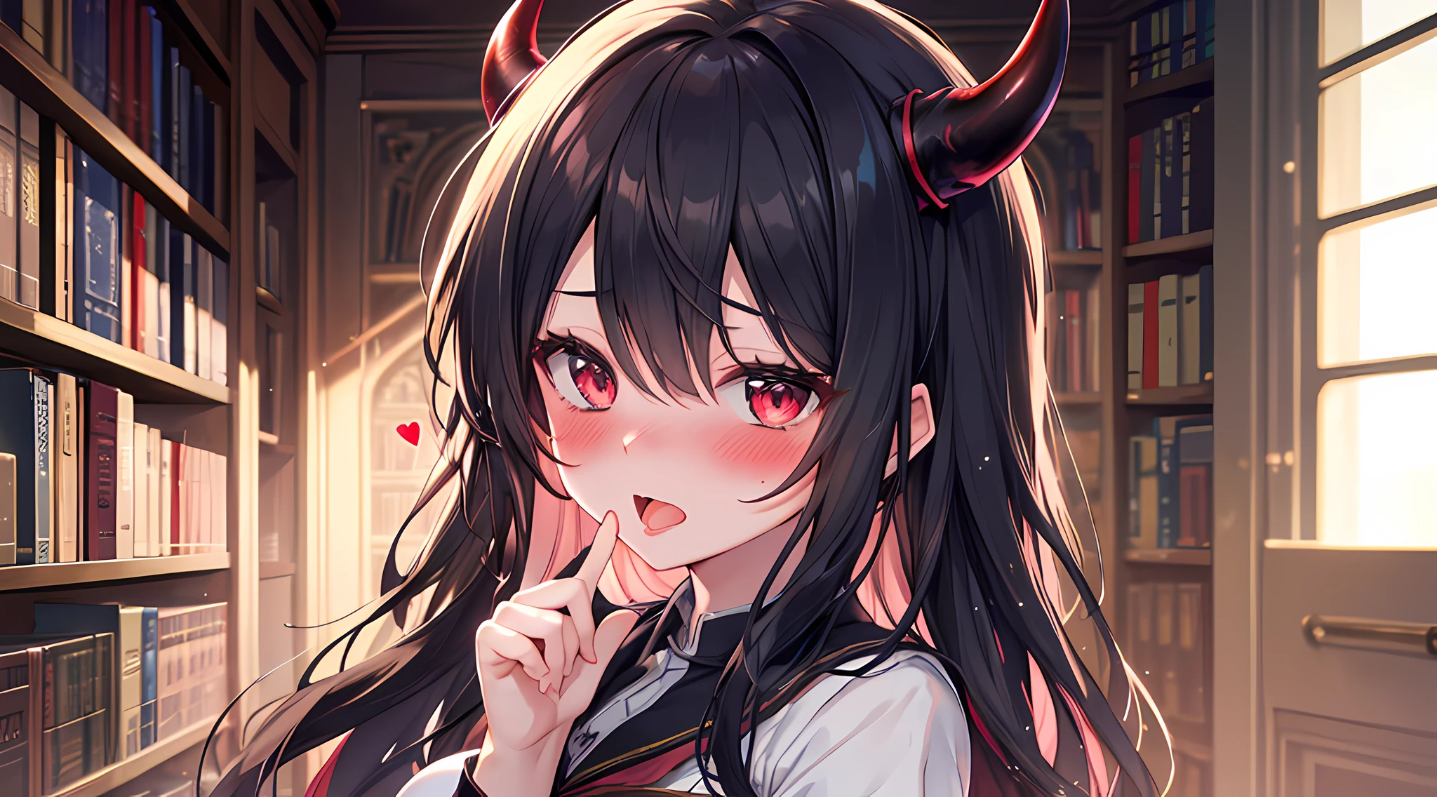 (1 demon girl), front lighting, demon horns, hogwarts uniform, big breast, detailed face, walking in the middle of library on daytime, black hair, red hairpins, (blushing: 1.5), open mouth, licking finger, heart eyes, (half body:0.6), front lighting, 8k, masterpiece, ultra HD,