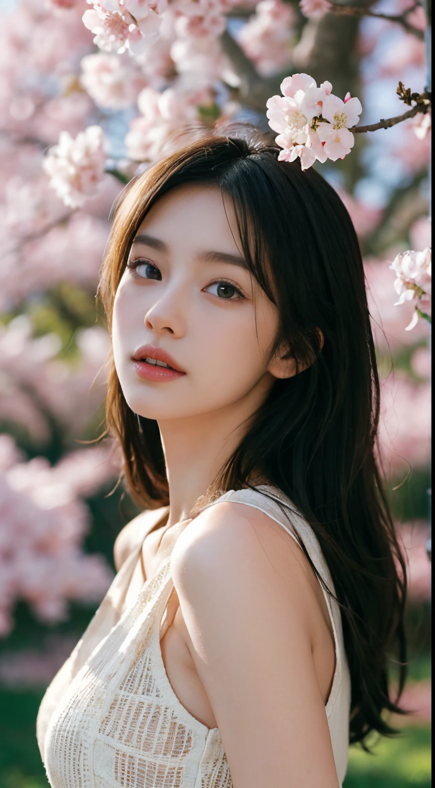 Best Quality, 4K,8K,Realistic, Photorealistic, ighly detailed, extremely delicate and beautiful, Raw photo, Japan and the beauty of Korea,Korean beauty,Wear JK, a miniskirt,Large breasts,(Beautiful detailed eyes,Beautiful detailed lips,extremely detailed eye and face,long eyelasher), Beautiful hair, joyful look, Surrounded by cherry blossom trees, It has a cute anime style, In a picturesque garden bathed in sunshine. Artwork is of the highest quality, Ultra-detailed features and realism, realistic touch. Colorful,Lighting creates a warm atmosphere, dreamy ambiance.