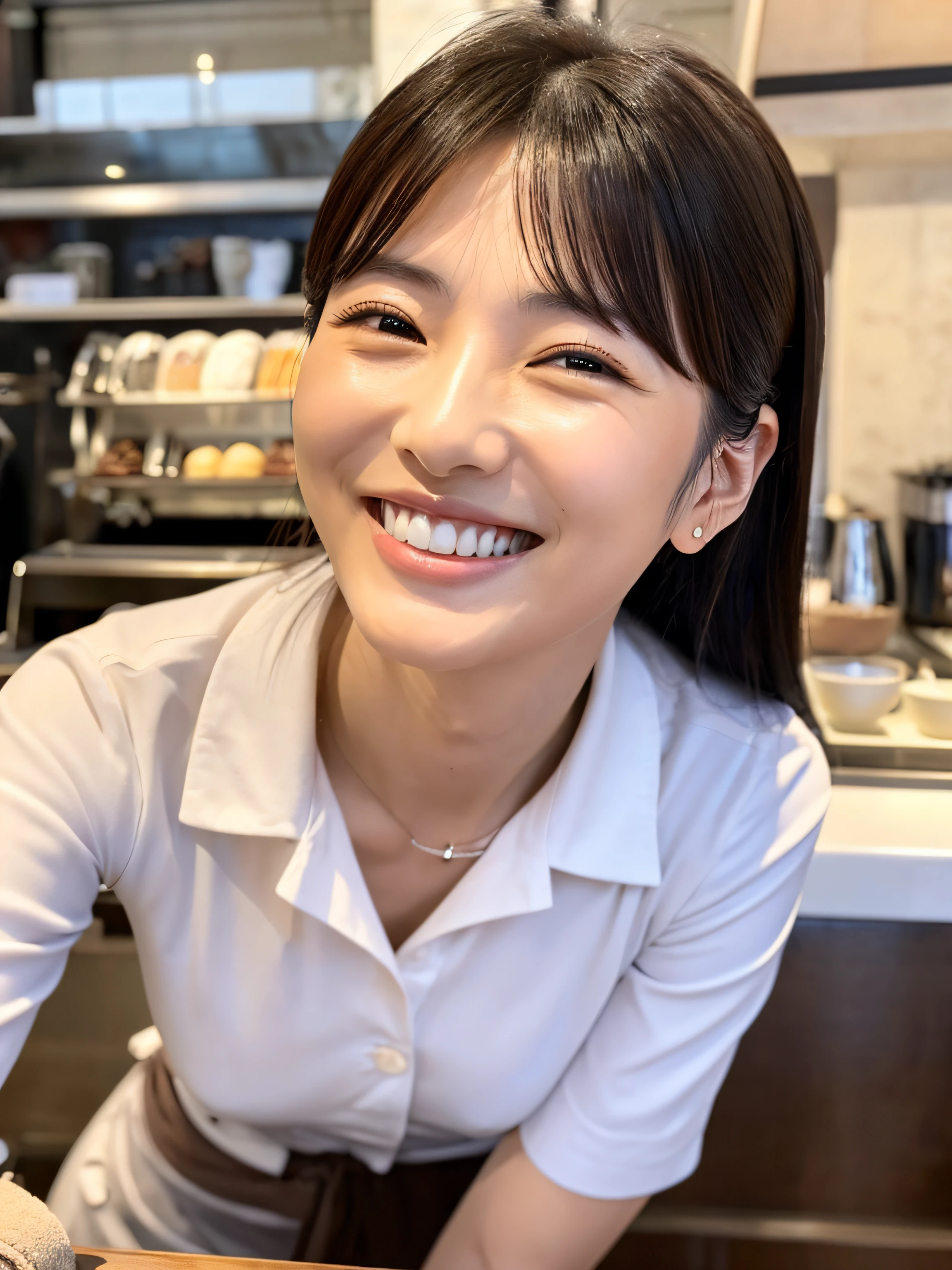 A Japanese milf, photo of one lady, Slender figure, Realistic teeth, double eyelids, smile, full-length, at the cafe, masterpiece, best quality