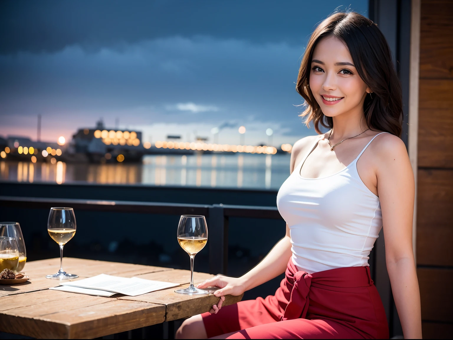 (64K, UHD, top quality, masterpiece: 1.2), (realistic, photorealistic: 1.37), super detailed, pretty woman 1 person, (slim face), (slim body), (brown hair), (short cut), cheeks slightly blushing, (35 years old), 38 years old, solo, beautiful detailed urban night view outside the window, restaurant, wine glasses sit, at night, in a prominent place (from the waist up) NovaFrogStyle, Actress, Model, Waist Up, White Wine, Slim, Wine Glass, Super Clean Night View, Wine Glass Put in the Middle, Happy Smile, (Smile: 1.15), Beautiful Fine Eyes, Upper Body, Bust Japan Up, Night, Short, Short, Actress, Model, Waist Up, White Wine, Slim, Wine Glass, Super Clean Night View, Wine Glass Put in the Middle, Happy Smile,
