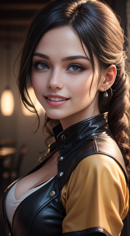 high quality (Photorealistic style, UHD, 16k, Textured leather, High definition), Portrait of a beautiful white woman, perfect woman's face, dark hair, Quad drills, Evil smile, top