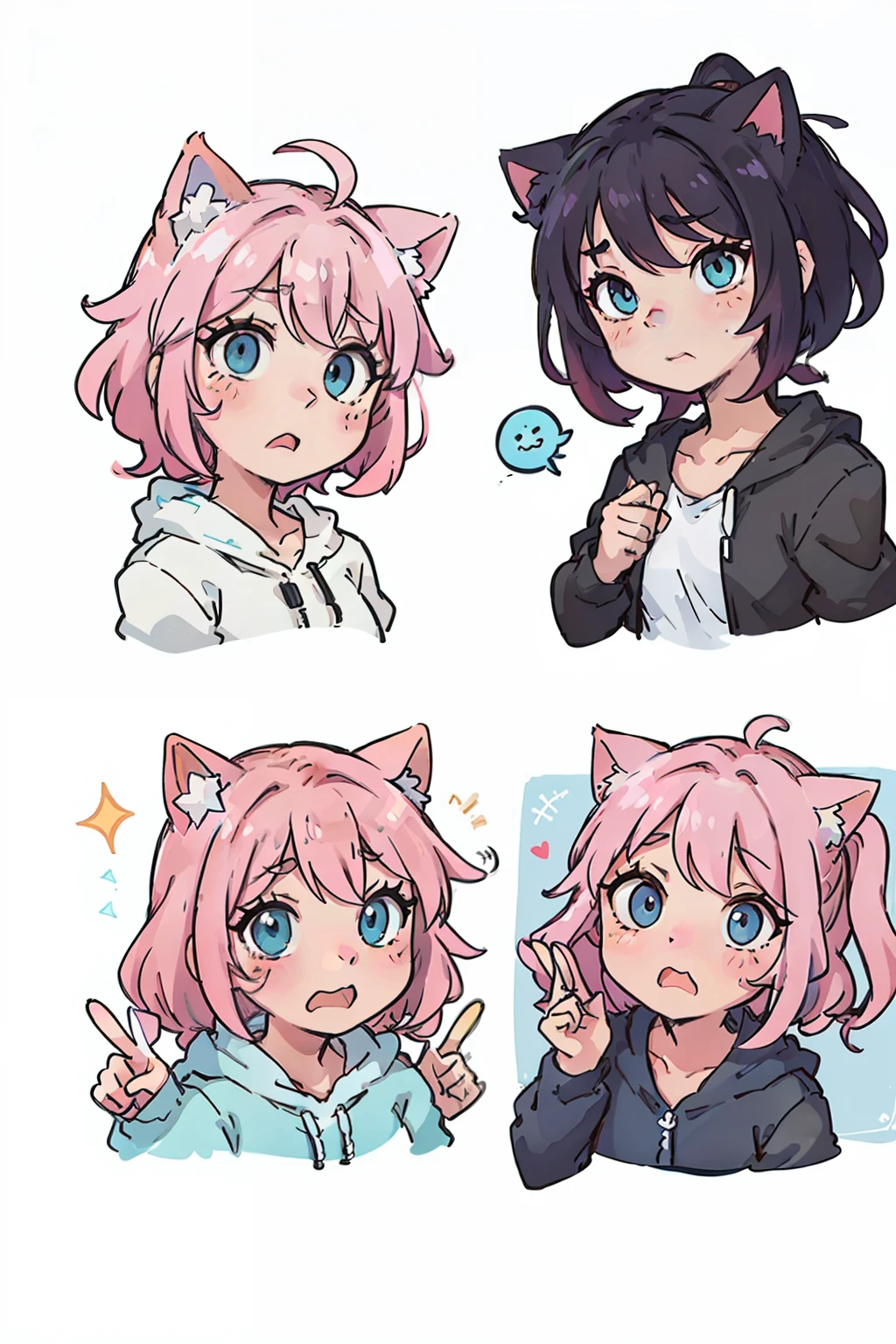 Cute pink kitten,Cat ears,Pink hair,Blue-green eyes,expressions,f/64 groups,Various expressions,having fun,irate,grieves,Sell moe,is shy,Be proud,sarcastic,despondency,adorable eyes,White BE, illustration-nii 5-style cute, emoji as illustration set, with boold manga line style,
dynamic pose dark white,related characters,Old
Meme Kernel