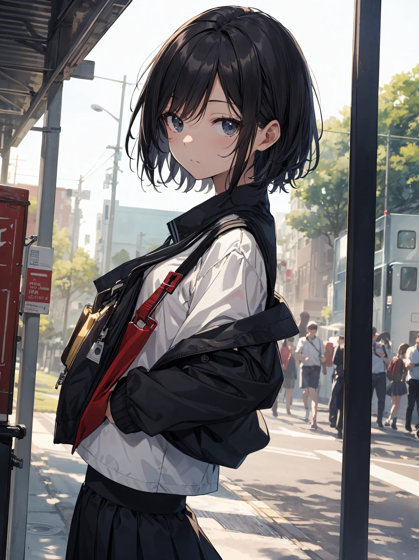 God quality, anime moe artstyle,best anime 8k konachan wallpaper,badass anime 8k,perfect anatomy, (Please draw a girl walking sleepily to school. ),break, 1girl, (Solo,Loli,child,13-year-old:1.3),a junior high school student, androgynous charm, (Very Short hair),messy hair, Full limbs, complete fingers,flat chest, Small butt, groin, Small eyes,finely detailed beautiful black eyes,disgusted eyes, school Uniform, in the School commute route. break,ultra-detailed,high resolution,super detailed skin, professional lighting,8k eye details, (cool illustration:1.2),