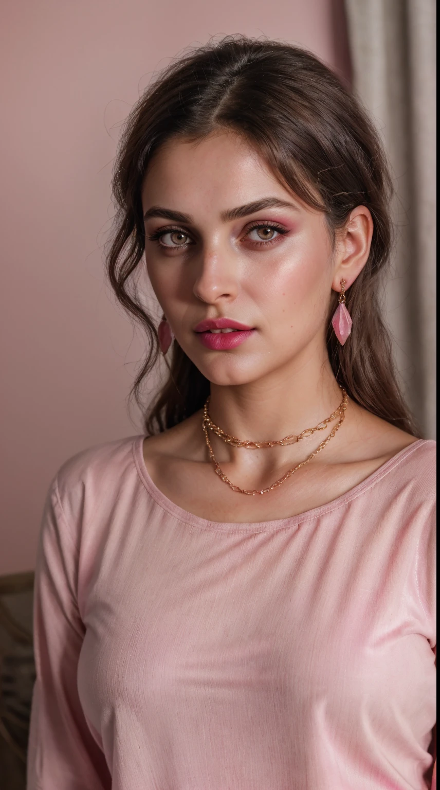 Salwar Kameez dark pink color, (RAW photo, realism: 1.8), (very dark pink lip gloss, jet dark pink lipstick, realistic eyelashes, dark brown eye shadow, shy, blushing, high quality, high resolution, depth of field, chromatic aberration, caustic, wide light, natural colors, 22 year old woman), necklaces, chokers, earrings, bracelets, soft skin, fair pink skin, small breasts size, oily shine skin, slime nose, soft skin, wears nose pin,