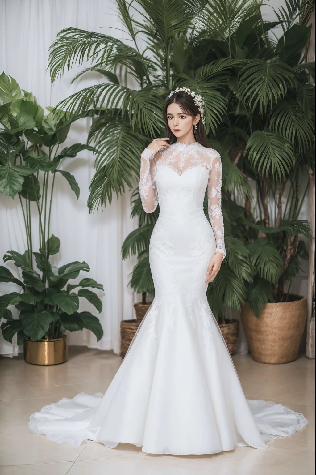Best quality, 8k, 32k, Masterpiece, Masterpiece, (Photorealistic: 1.4), RAW photo, ultra realistic, 1girl, full body, wearing a white mermaid wedding dress, long-sleeve, floor-length style, lace fabric, Take product photos in white room with indoor decorative palm tree,  stand upright and look straight