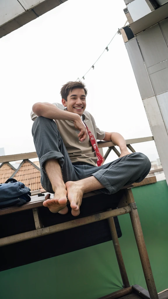 there is a man sitting on a bench with his feet up, sits on a rooftop, sitting on top a table, scout boy, relaxing and smiling at camera, with funny feeling, sitting on the ground, sitting on the floor, sitting on a table, on rooftop, sitting relax and happy, sitting on a bed, satisfied pose, feet posing