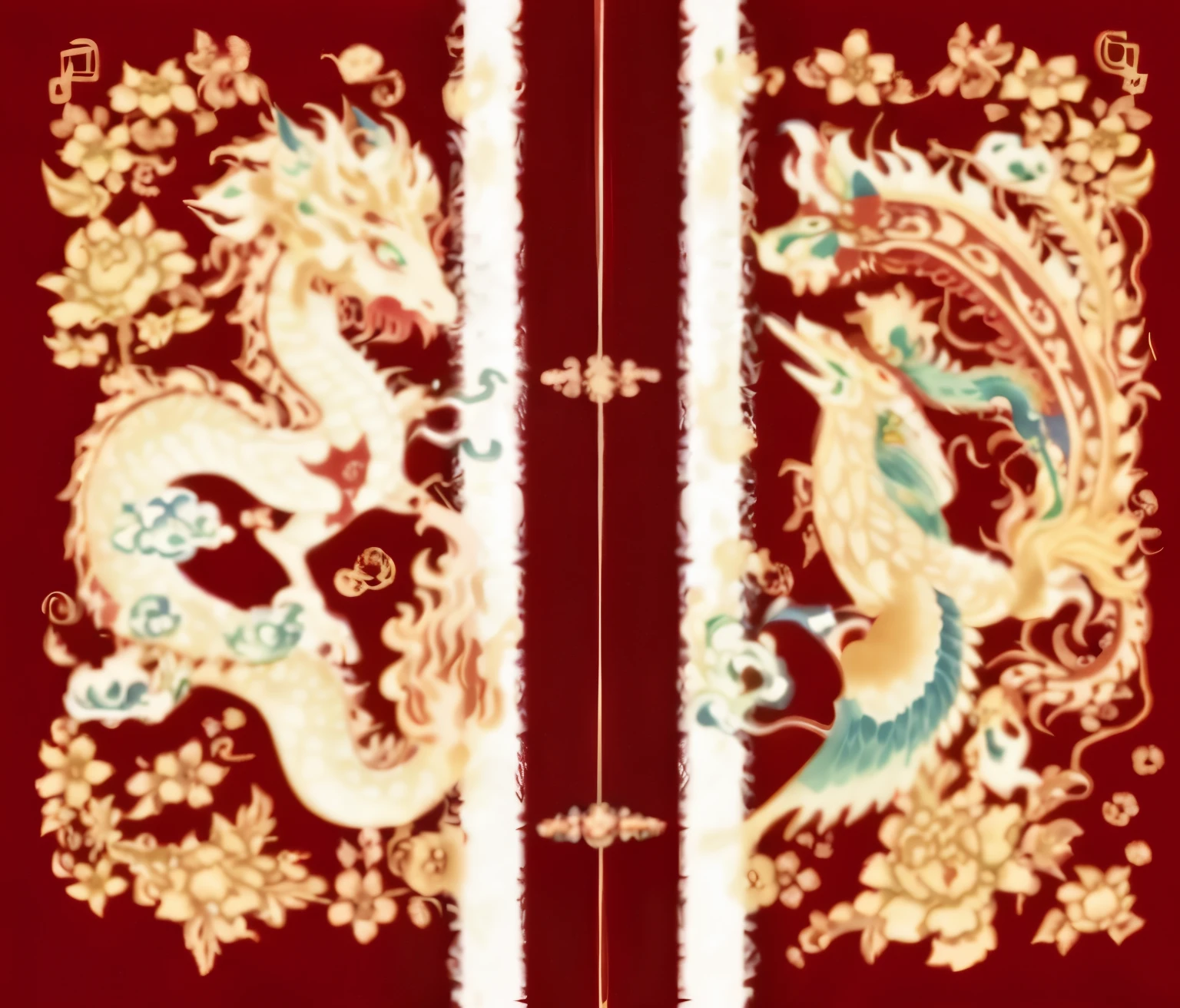 Close-up of red and gold oriental rug,There are two dragons on it, robe with dragon pattern, china silk 3d dragon, Chinese traditional, Chinese dragon battle, ancient china art style, In line with ancient Chinese aesthetics, chineseidol, ancient chinese ornate, chinoiserie pattern, traditional chinese textures, Inspired by PwC, traditional chinese art, Complex and gorgeous anime CGI style