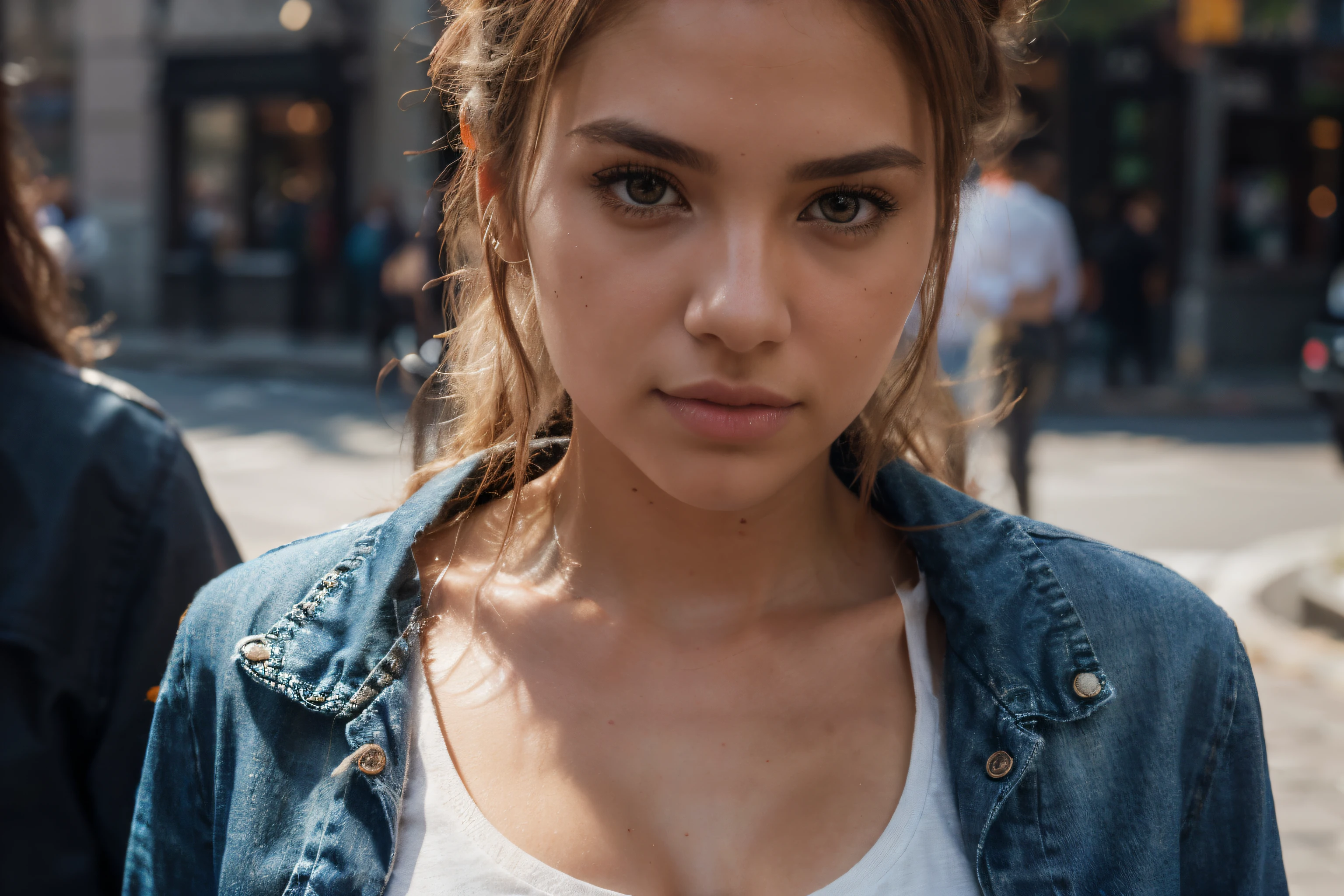 beautiful latina model with pink blonde hair using black tank top with denim jacket, detail face, she have a very bright eyes, realistic face, detail face, realistic skin, skin pore, vibrant, dramatic lighting, 8k resolution picture, high detail on the photo, very realistic picture, dramatic lighting, fullbody, depth, shadow, dramatic shadow, one of a kind photo, sharp photo, sharpness on the detail, looking at the camera, half body view, (((Best Quality, masutepiece: 1.3)), long hair, ultra high res. photorealistic:.1.4, street background, cinematic lighting, bloom, film grain, Fujicolor, high quality, masterpiece, 8K, UHD, UHD, retina, textured skin, super detail, high details, highres, 16k resolution, award winning, high quality, high details, super detail, messy bun hair