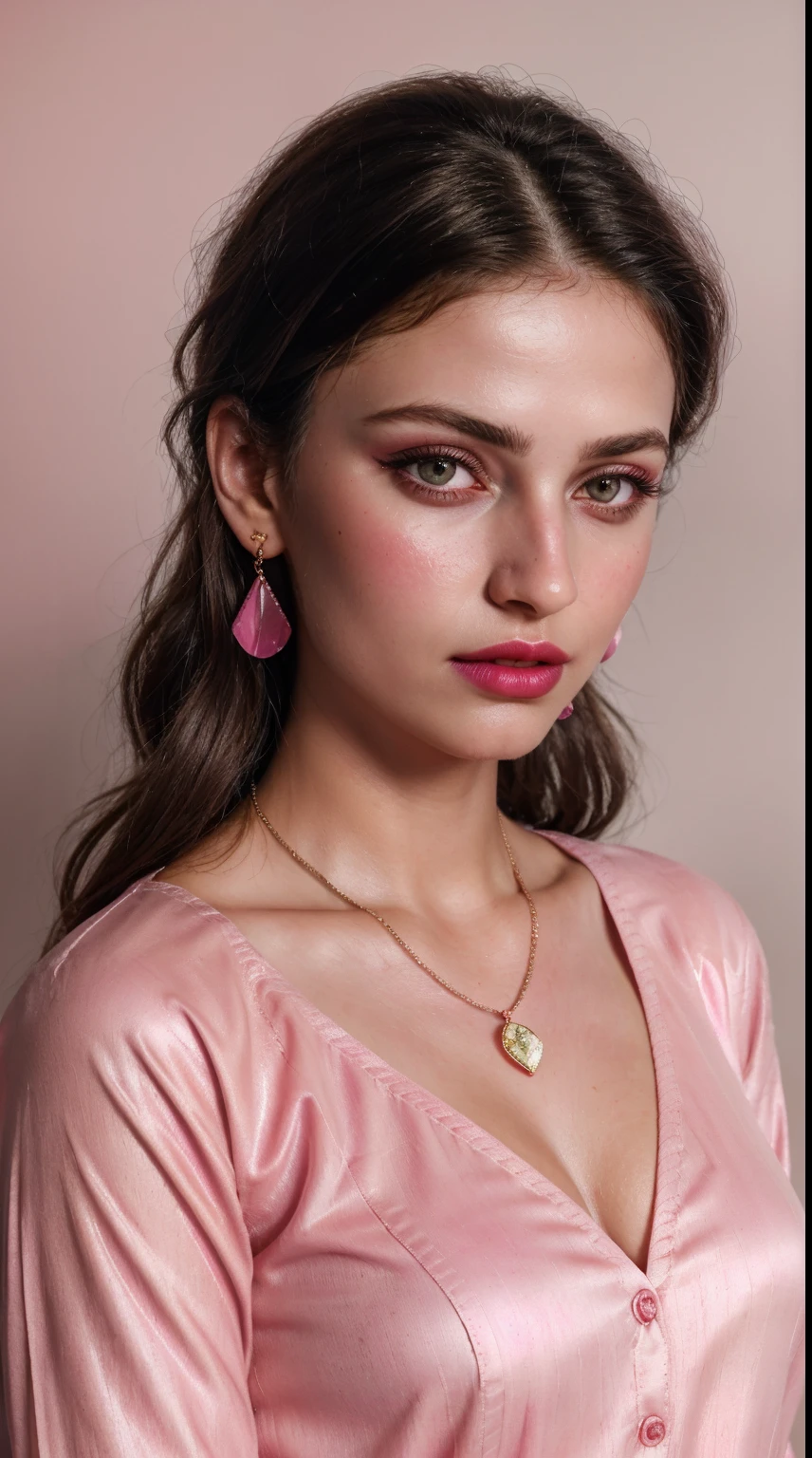Wearing Pink Saree, (RAW photo, realism: 1.8), (very dark pink lip gloss, jet pink lipstick, realistic eyelashes, dark brown eye shadow, shy, blushing, high quality, high resolution, depth of field, chromatic aberration, caustic, wide light, natural colors, 30 year old woman), necklaces, chokers, earrings, bracelets, wear delicate accessories, soft skin, fair pink skin, small breasts size, oily shine skin, slime nose soft skin, wears small golden nose pin,