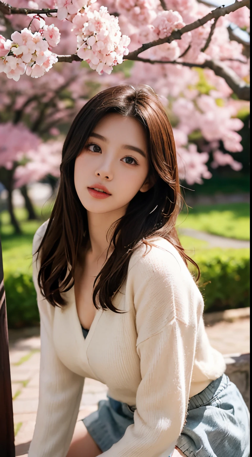 Best Quality, 4K,8K,Realistic, Photorealistic, ighly detailed, extremely delicate and beautiful, Raw photo, Japan and the beauty of Korea，Korean  beauty，Wear JK, a miniskirt，Large breasts，(Beautiful detailed eyes,Beautiful detailed lips,extremely detailed eye and face,long eyelasher), Beautiful hair, joyful look, Surrounded by cherry blossom trees, It has a cute anime style, In a picturesque garden bathed in sunshine. Artwork is of the highest quality, Ultra-detailed features and realism, realistic touch. Colorful，Lighting creates a warm atmosphere, dreamy ambiance.