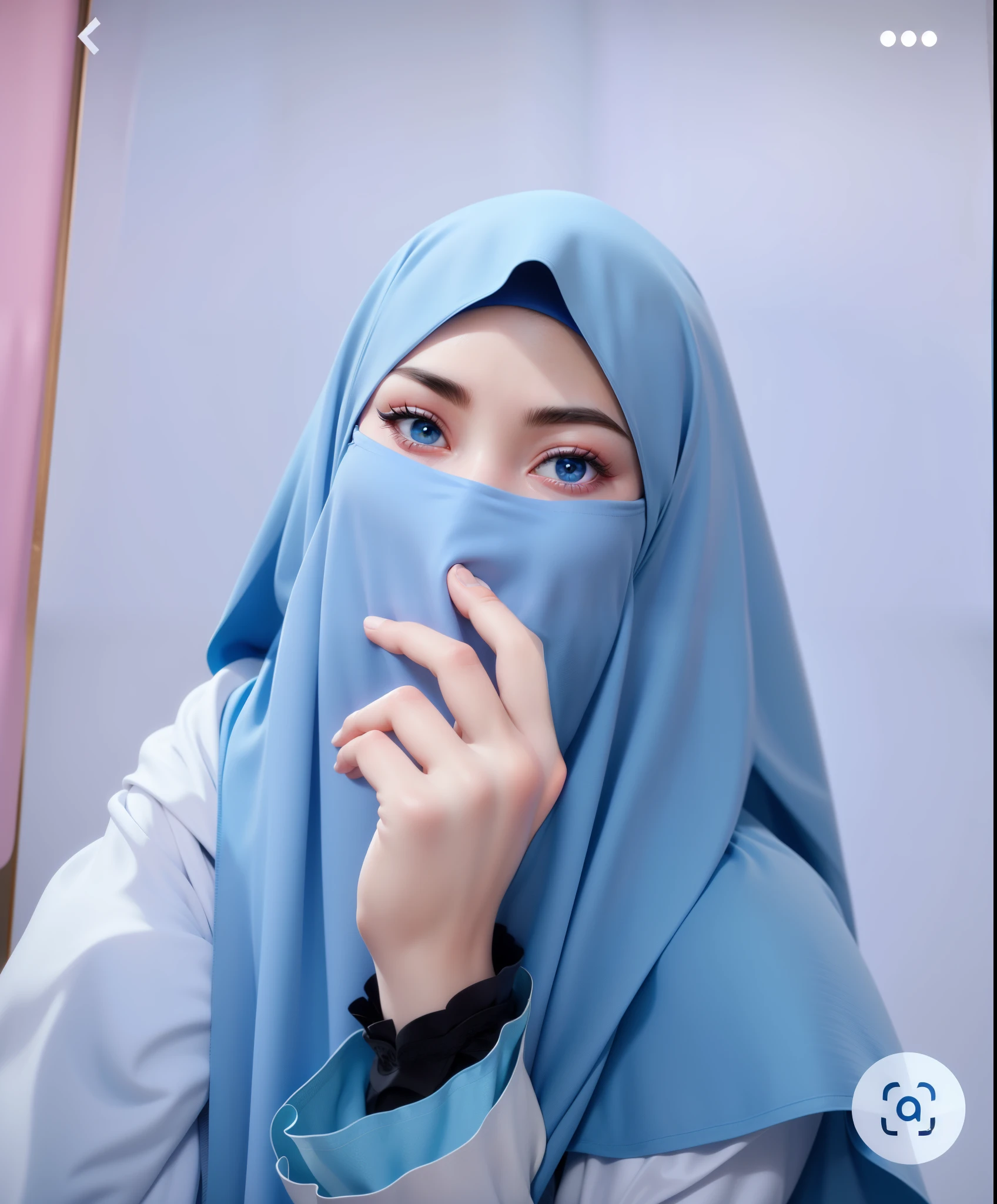 arafed woman wearing a blue hijab covering her face, hijab, with blue skin, light blue skin, beautiful burqa's woman, covered face, white hijab, with a covered face, blue gray, pastel blue, clear lips and high quality, face covered, veiled face, bluish face, blue colored, female beauty, with accurate face, 🤤 girl portrait