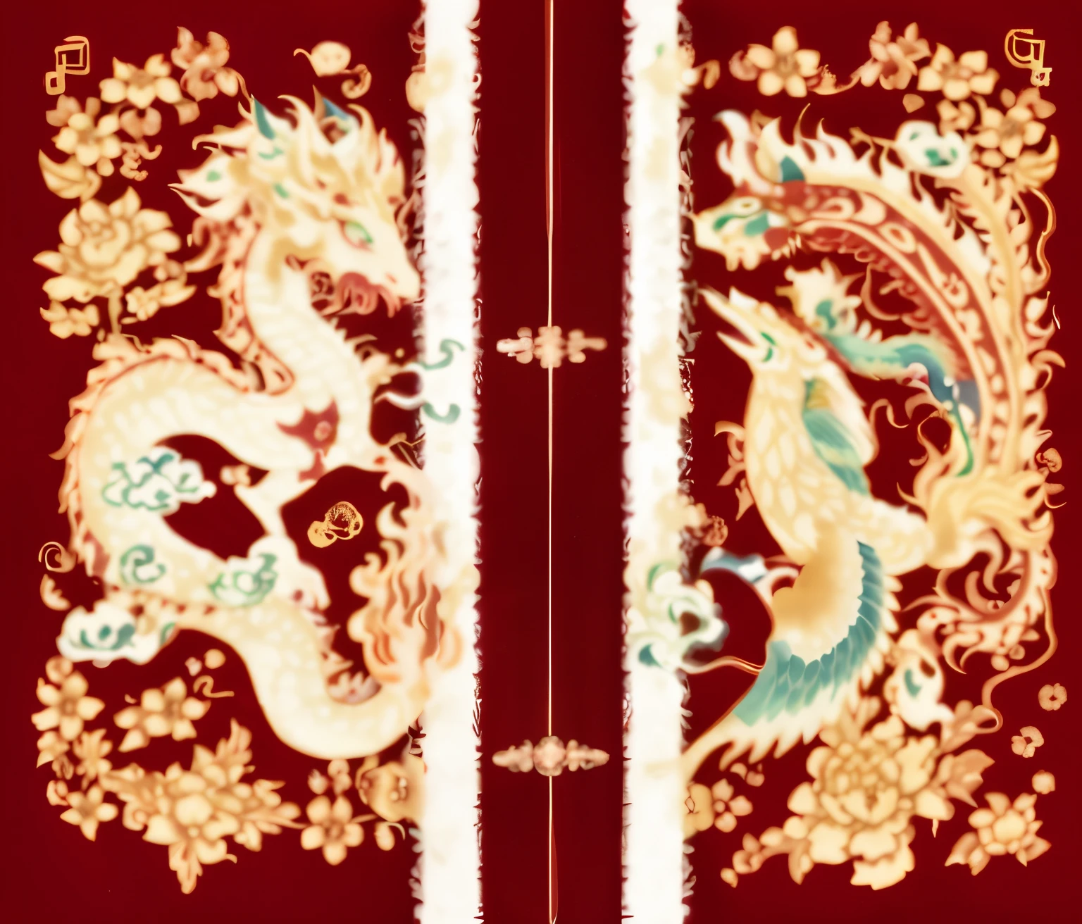 Close-up of red and gold oriental rug,There are two dragons on it, robe with dragon pattern, china silk 3d dragon, Chinese traditional, Chinese dragon battle, ancient china art style, In line with ancient Chinese aesthetics, china idol, ancient chinese ornate, chinoiserie pattern, traditional chinese textures, Inspired by PwC, traditional chinese art, Complex and gorgeous anime CGI style