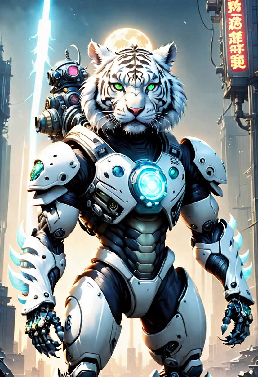 （anthropomorphic turtle：1.5），（fully body photo），cyber punk personage，middle，1 White Tiger Mecha（Mechanical white tiger head，white luminous goggles，Gas masks，Muscular limbs，Muscular），Stand on both legs，((Sharp claws))，Mechanical Wonder，Damage to mechanical components，without humans，rays of moonlight，Fantastic brilliance，Destroyed cities，（globalillumination、ray traycing、HighDynamicRange、Unrealistic rendering、Rational design、tmasterpiece、Best quality、hyper HD、电影灯光）