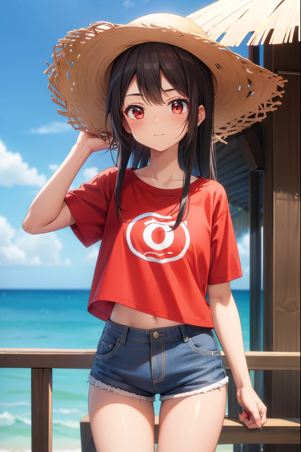 A cute girl, wearing a straw hat with a red stripe, a red T-shirt, and short shorts