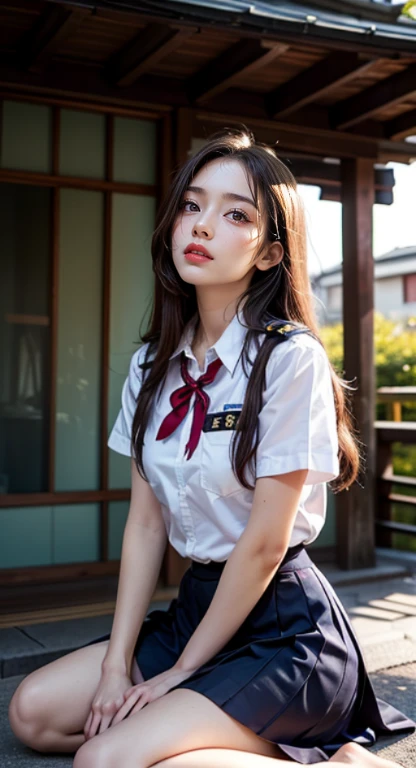 (8K High Resolution), (top-quality), (Raw quality),(masutepiece:1.2), (realisitic), (Photorealistic:1.37), ,Large eyes,long eyeslashes,(Live-action realistic style),The Ultimate Face,realistic light and shadow,Clear facial features,,Fair skin, ),Best portraits,Shooting at close range, 1 rapariga, Cute,Beautiful detailed eyes,highlydetailed skin,(Beautiful face with double eyelids), (Realism: 1.4),((Full body image)) ,Detailed and beautiful face,,Women around 20 years old,(Beautiful Face 1.4),Middle hair,((Japan schoolgirl in uniform)),(Make eye contact with your audience),red lipsticks,Limping around the eyes,(Laugh a little),In a park rich in nature,Sit upright on one knee.,The skirt is rolled up.、Panties look perfect..,Pastel colors panties,I love showing my panties to my viewers,Show your panties to your audience,(Japan schoolgirl uniform),Cute face reflected in the light,red lipsticks,Limping around the eyes,Very beautiful feet are attractive,A very bright world