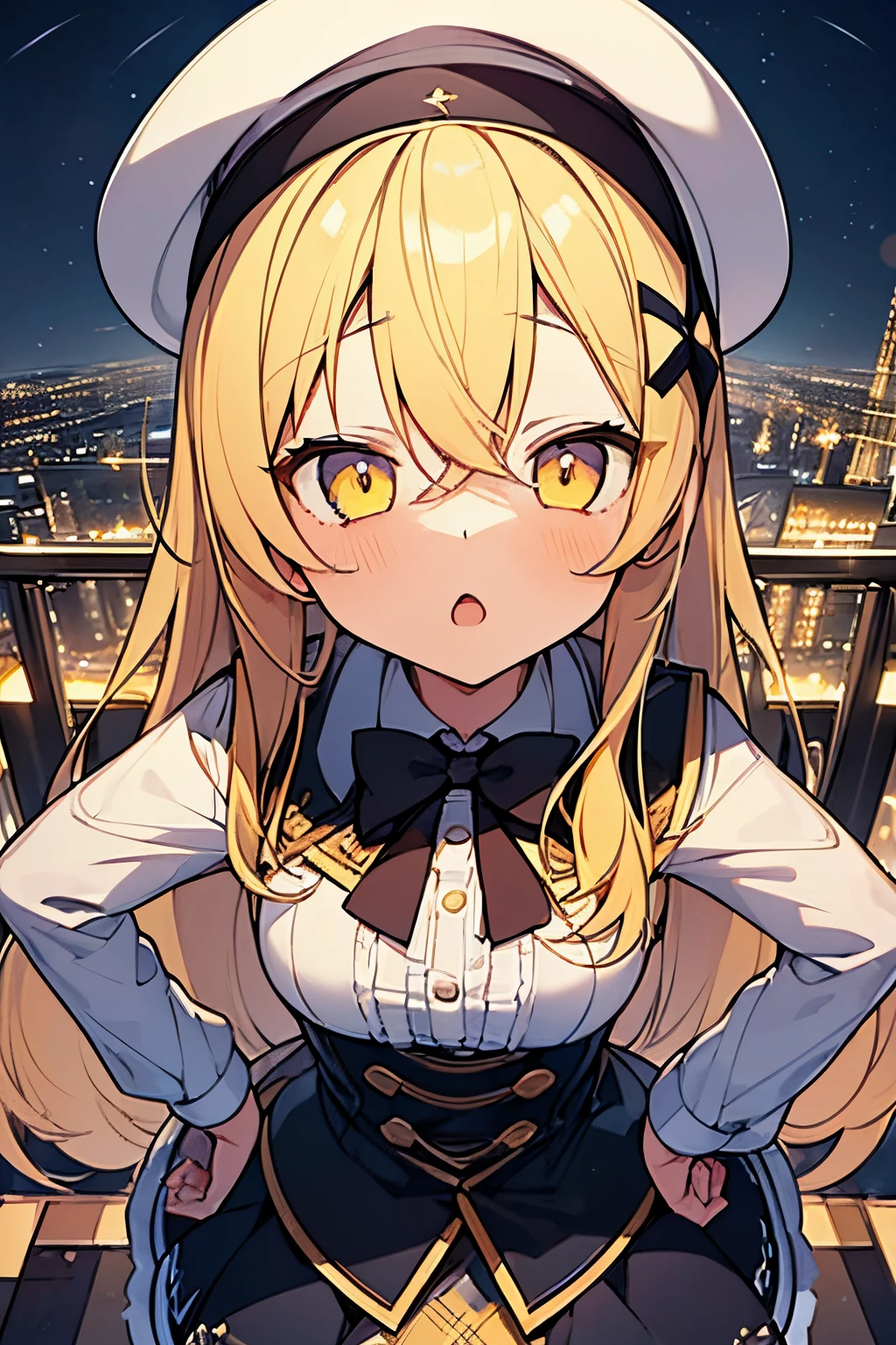 1girl. yellow hair.long hair.short stature. small breast.skirt. (((masterpiece))).(((best quality))).)((ultra-detailed))).(((illustration))).(((night view))).student clothes.magic circles.open mouth.Sad face.beret.up chest.highrise buildings.In the street.put hands on the hip.look from above