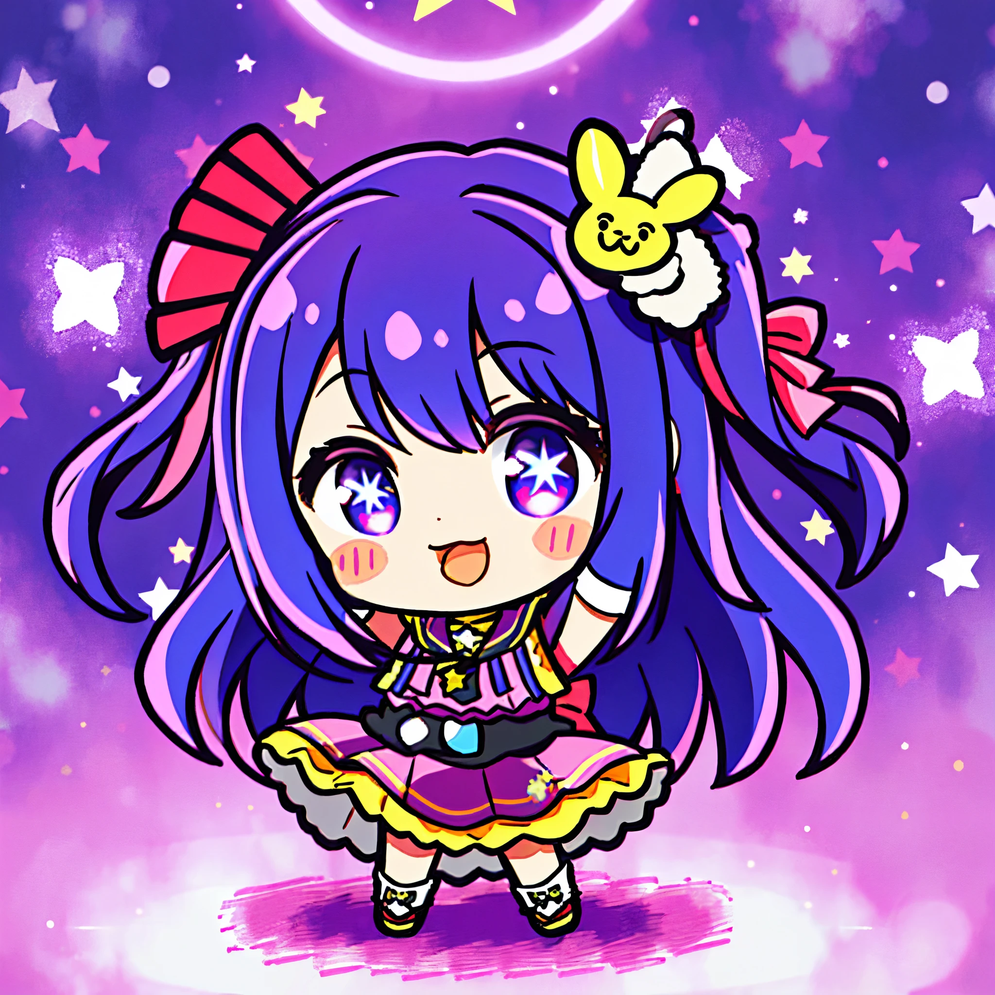 HshinoAi、gloves、tongue-out、tongue、The long-haired、stele\(Symbols\)、Look at viewers、(purple color hair:1.2)、a purple eye、The upper part of the body、hair adornments、frilld、Pink shirt、a smile、sleeveless、The shirt、idol、Symbol-shaped pupil、Raise your hands、bangss、One side up、Star-shaped pupil、with arms up、dress pull、Roaring 20s、Isoscale、cliff、1girl in、(Rembrandt)、illustratio、(top-quality)、(ultra_detailed)、finely detail、(depth of fields)、 piece sign、top-quality、hight resolution。Dynamic, shout out, the kiss, hustle, Striking eyes, I'm confident lol, Overhead view, hight resolution, profoto, stage, The Flash, 1girl, 独奏, Japan cartoon idol singer, The upper part of the body, standing microphone, Deformed Character, Chibi Chara, Chibi