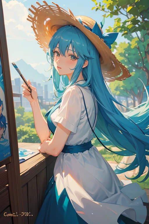Blue hair anime girl in straw hat and blue dress, artwork in the style of guweiz, Beautiful Anime Portrait, guweiz, Beautiful anime girl, beautiful anime style, Anime girl with teal hair, Anime style. 8K, in the art style of bowater, beautiful digital illustrations, beautiful character painting, Stunning anime face portrait