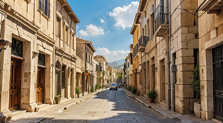 middle of the street view of an ancient Greek city with stone
architecture, winding narrow streets, ocra colored buildings,
and temples with tall ionic columns