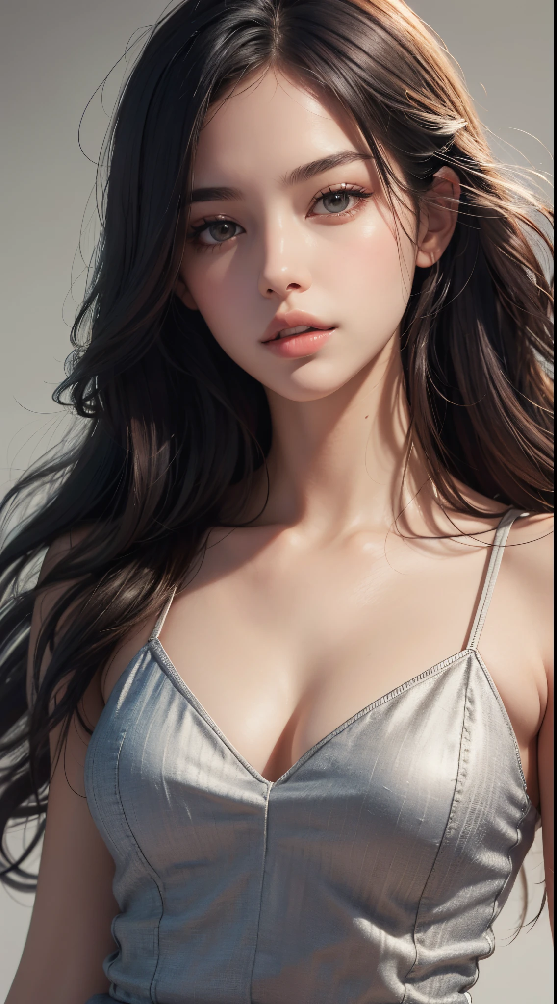 (8k, RAW photo, best quality, masterpiece:1.2), yjnn, 1girl, 3d, asian, bangs, bare_shoulders, bow, bra, breasts, brown_eyes, brown_hair, cleavage, grey_background, lips, long_hair, long_sleeves, looking_at_viewer, medium_breasts, navel, nose, off_shoulder, open_clothes, open_shirt, panties, realistic, shirt, solo, stomach, underwear, undressing, upper_body, white_bra, white_panties, white_shirt,Shiny skin, beautiful delicate face, beautiful delicate eyes ,(realistic, photo realistic:1),Lie down on the bed