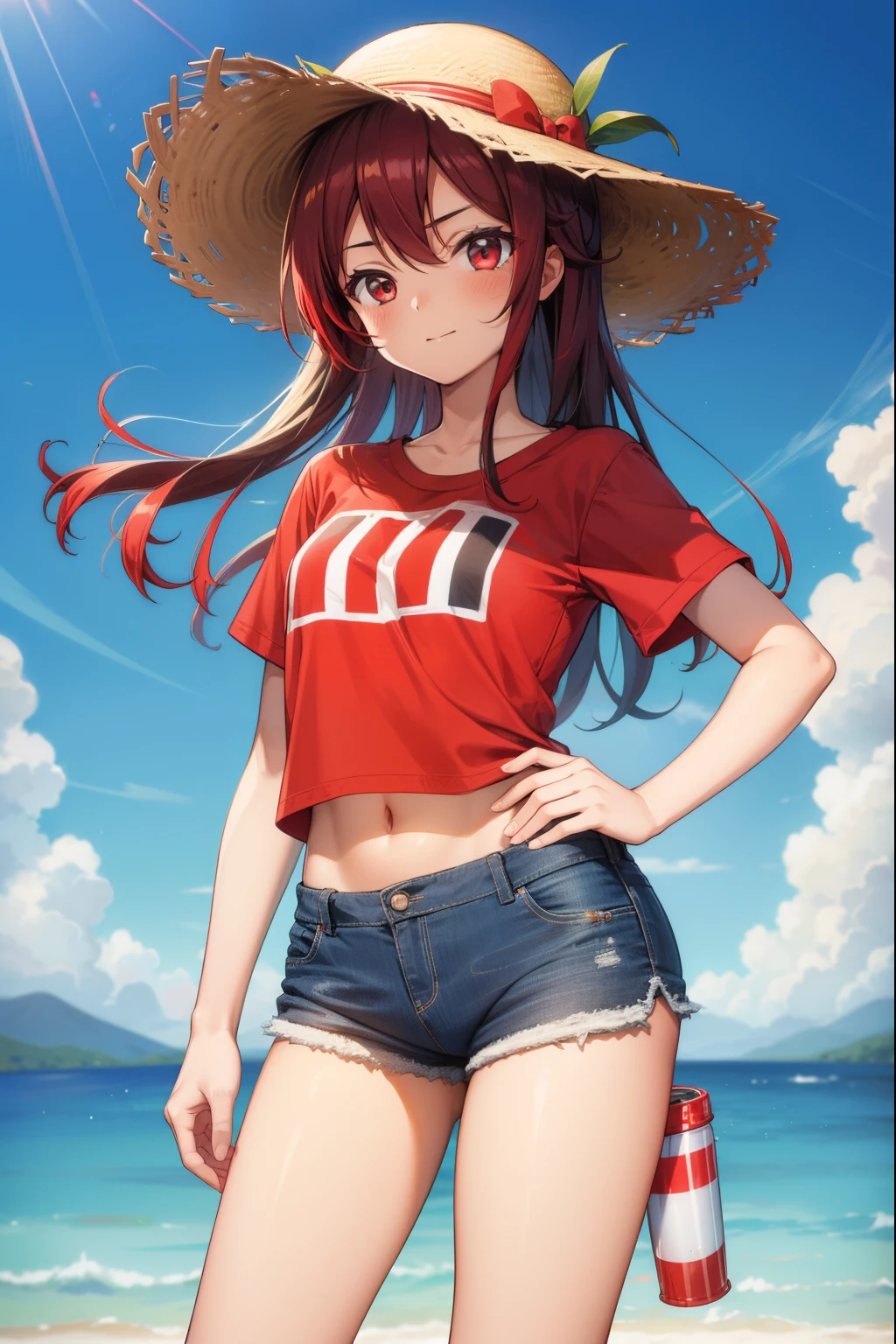 A cute girl, wearing a straw hat with a red stripe, a red T-shirt, and short shorts