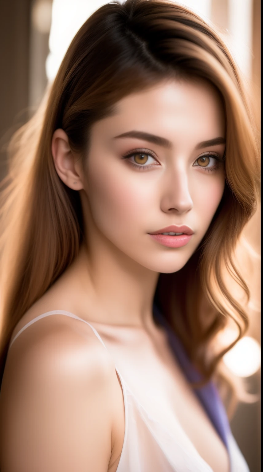 fashion model 25 years old [[[a closeup]], [[[coll]], [shoulder]], perfect  eyes, perfect irises, Perfect lips, perfect teeth, flawless skin, soft front light, Glow, HDR, (soft colours:1.2)、(medium breasts1:1.6)