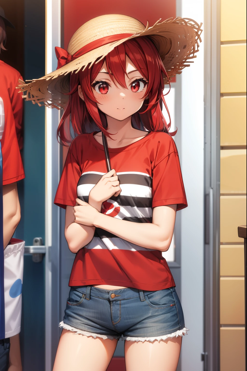 A cute girl, wearing a straw hat with a red stripe, a red T-shirt, and short shorts